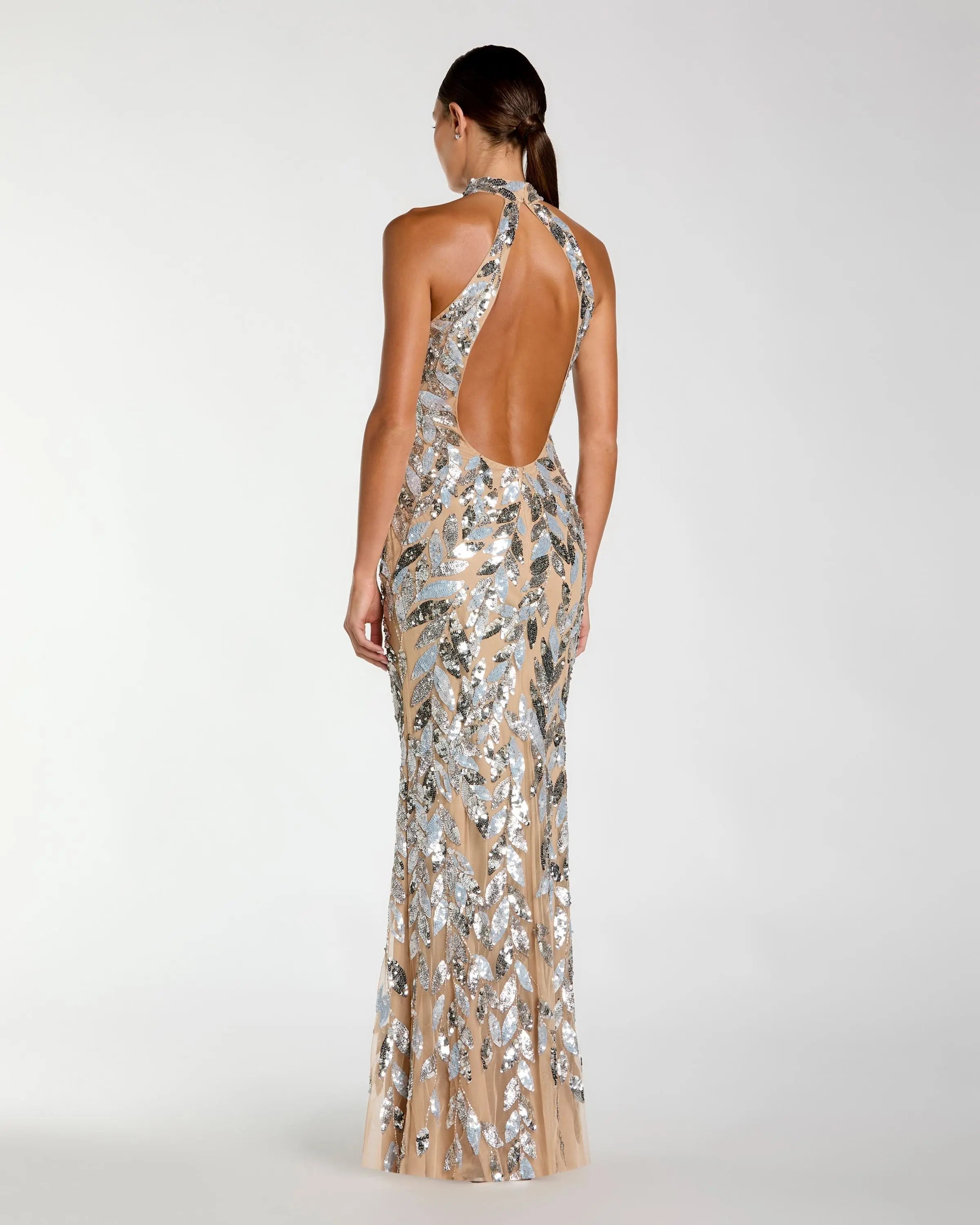 Silver Sequin Halter Backless Column Gown-Myartka
