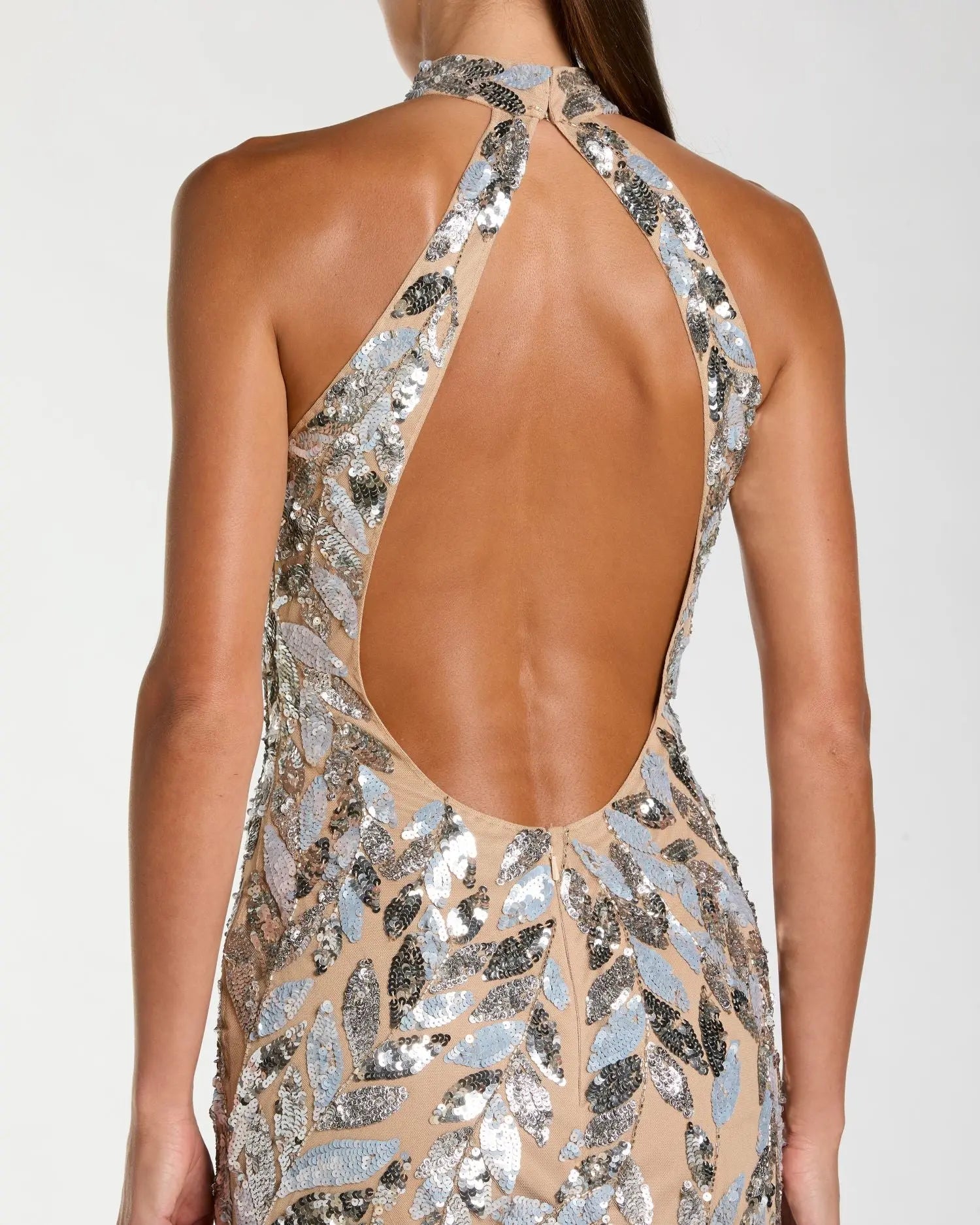 Silver Sequin Halter Backless Column Gown-Myartka