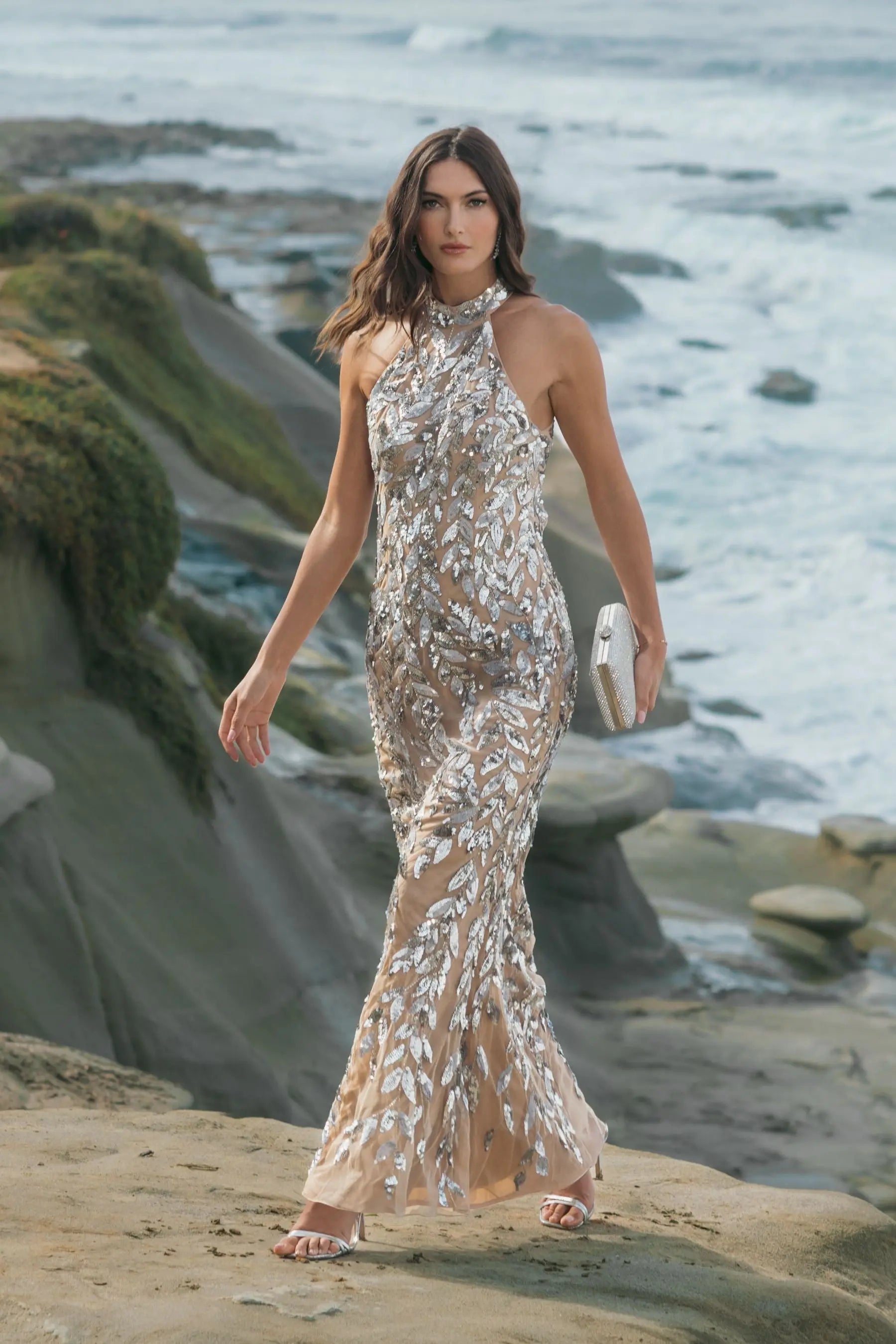 Silver Sequin Halter Backless Column Gown-Myartka