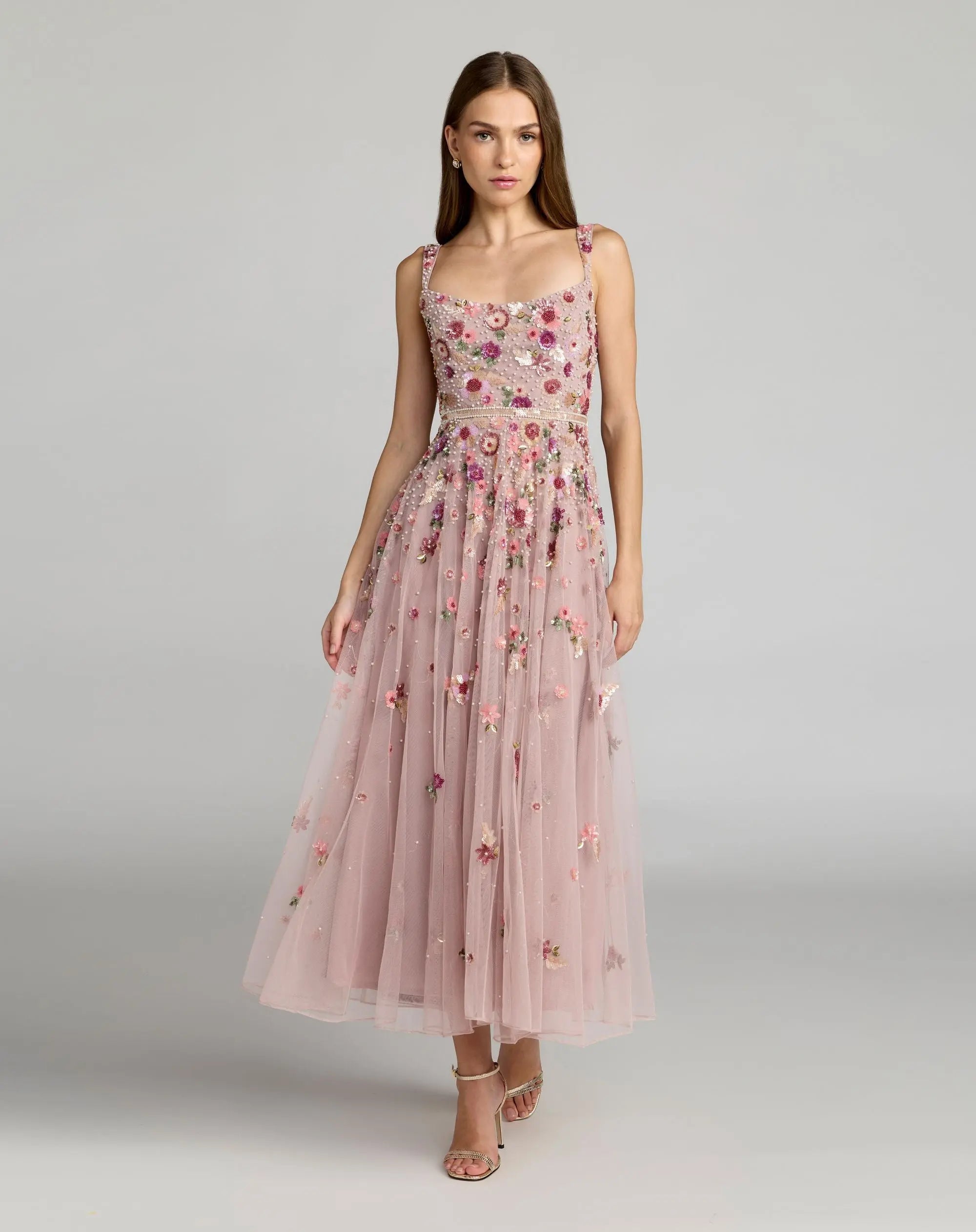 Rose Pink Floral Hand Embellished Scoop Neck Midi Dress-Myartka