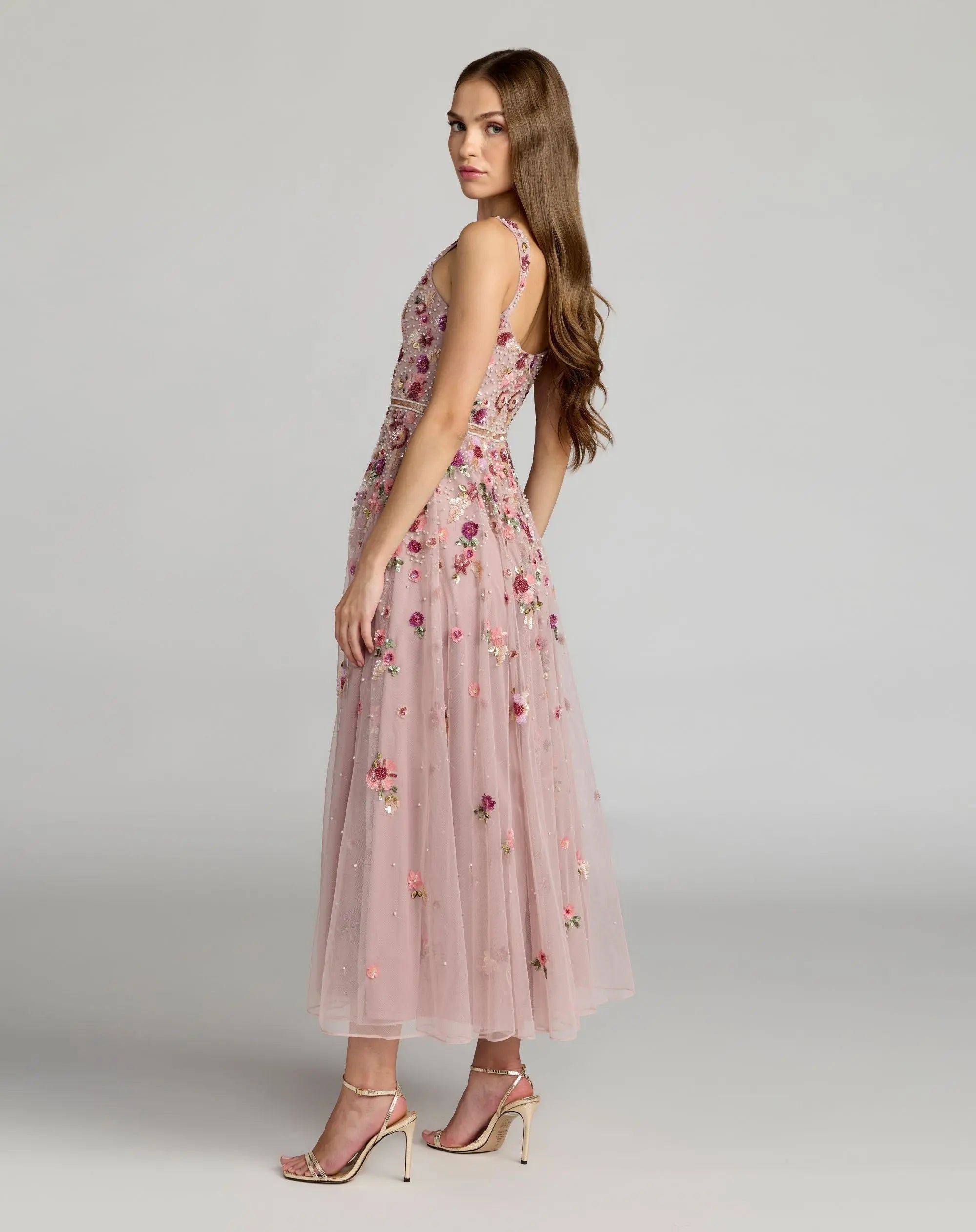 Rose Pink Floral Hand Embellished Scoop Neck Midi Dress-Myartka