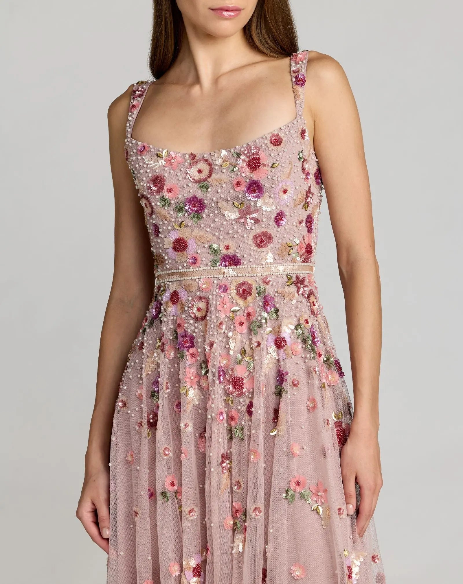 Rose Pink Floral Hand Embellished Scoop Neck Midi Dress-Myartka