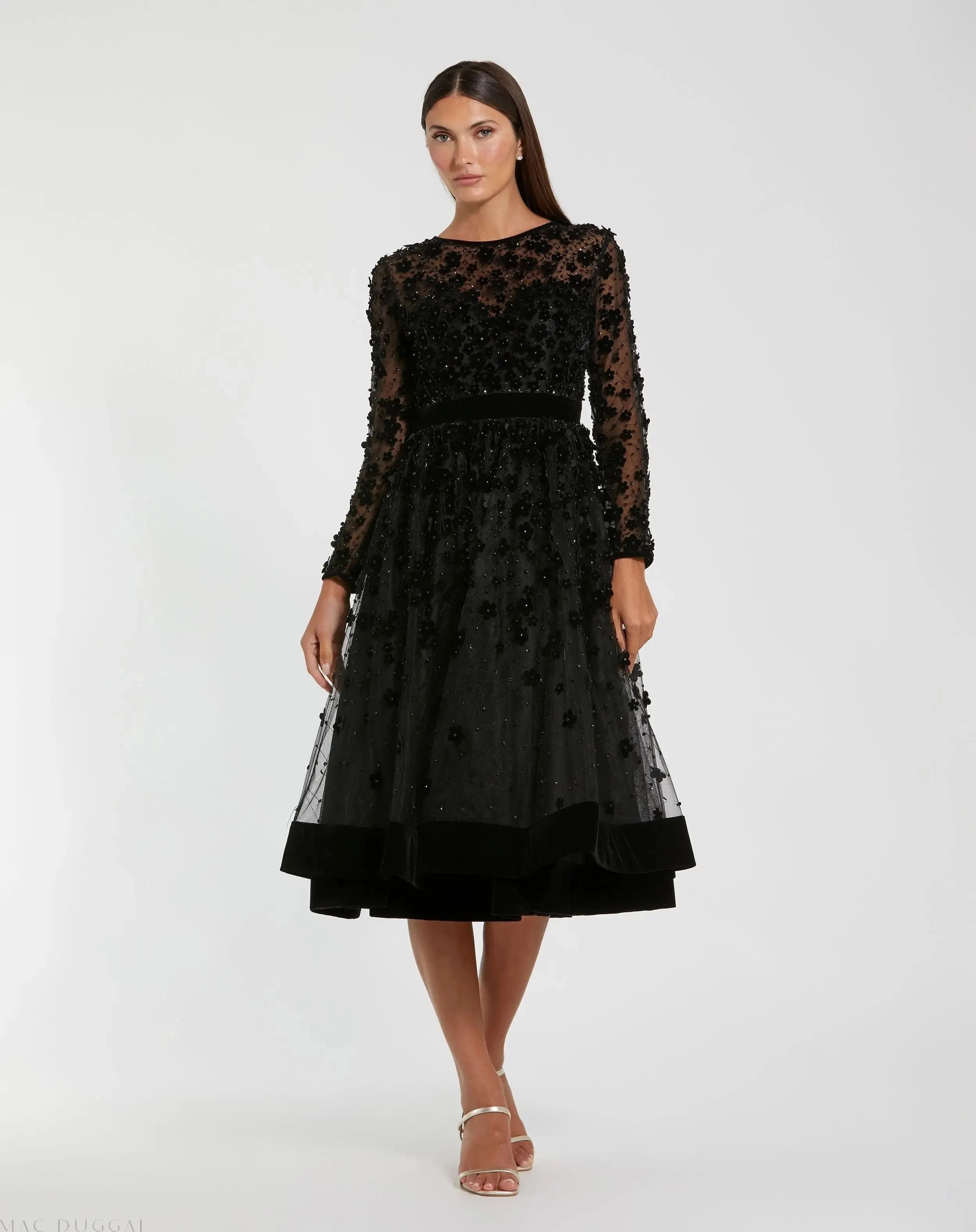 Black Velvet Embellished Illusion Long Sleeve A-Line Midi Dress-Myartka