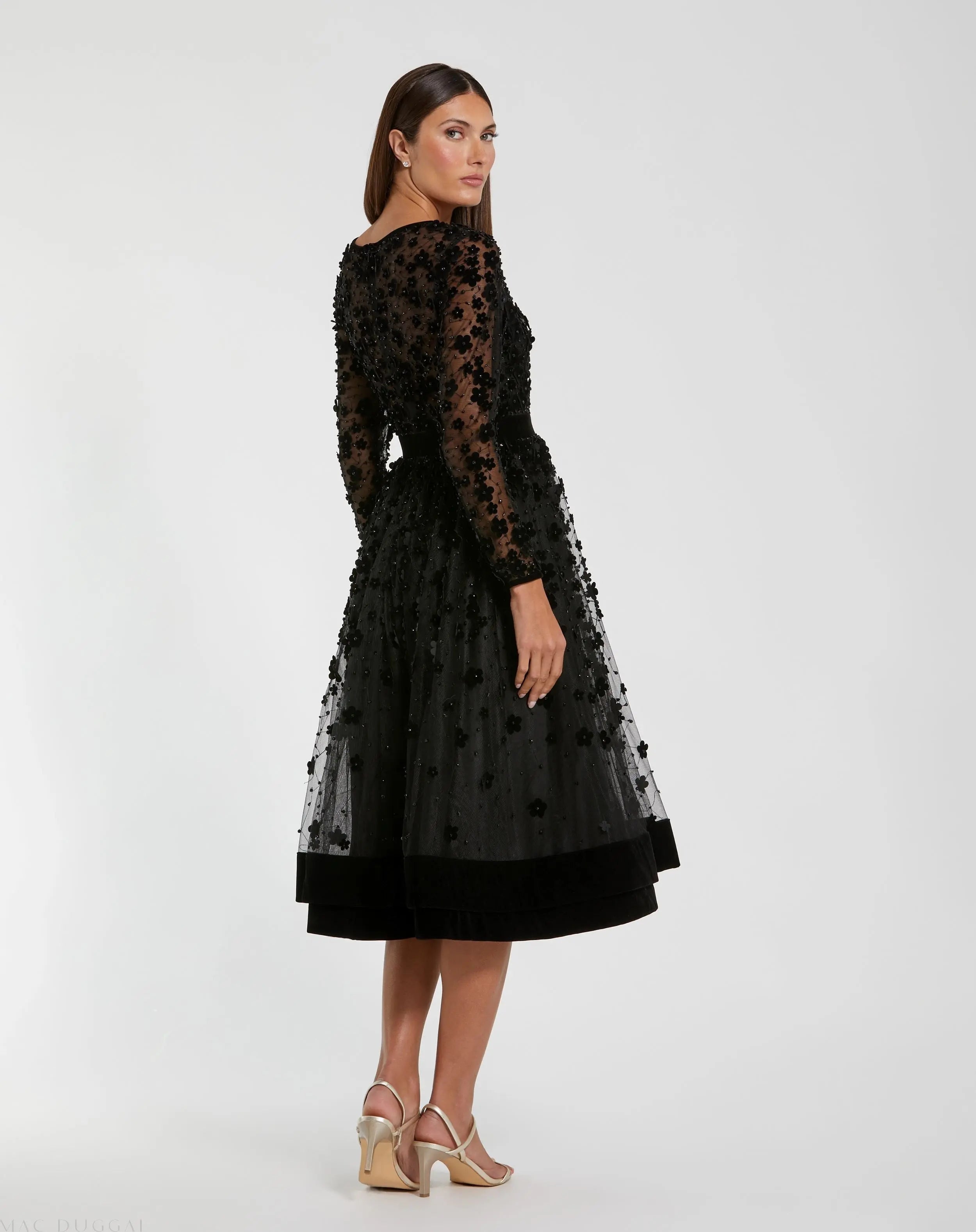 Black Velvet Embellished Illusion Long Sleeve A-Line Midi Dress-Myartka