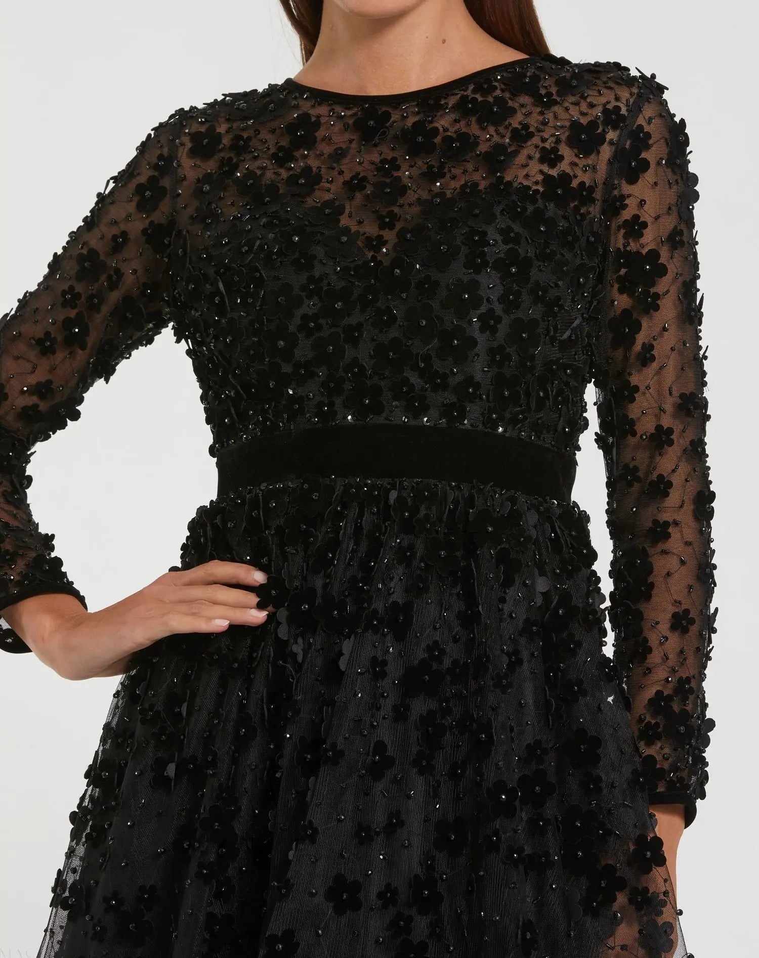 Black Velvet Embellished Illusion Long Sleeve A-Line Midi Dress-Myartka
