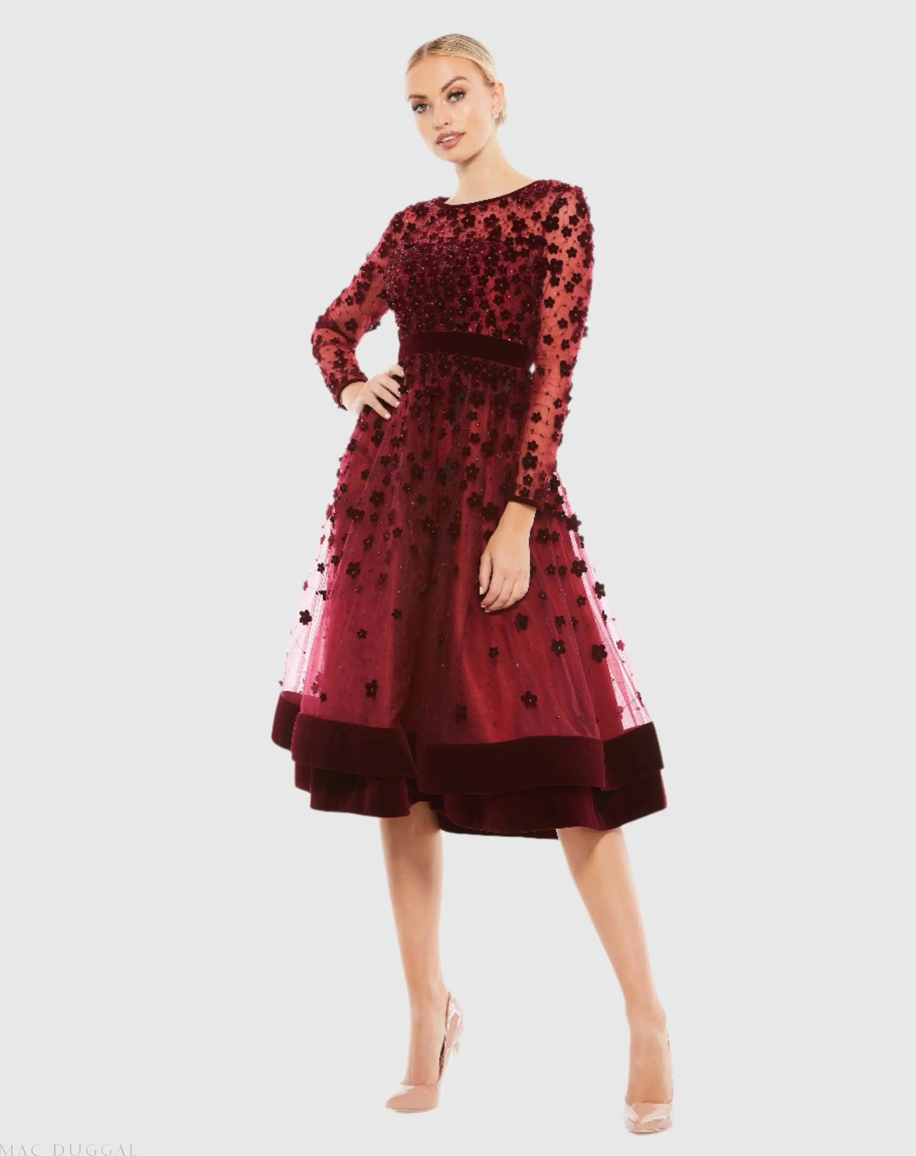 Embellished Illusion High Neck Long Sleeve Fit & Flare Dress-Myartka