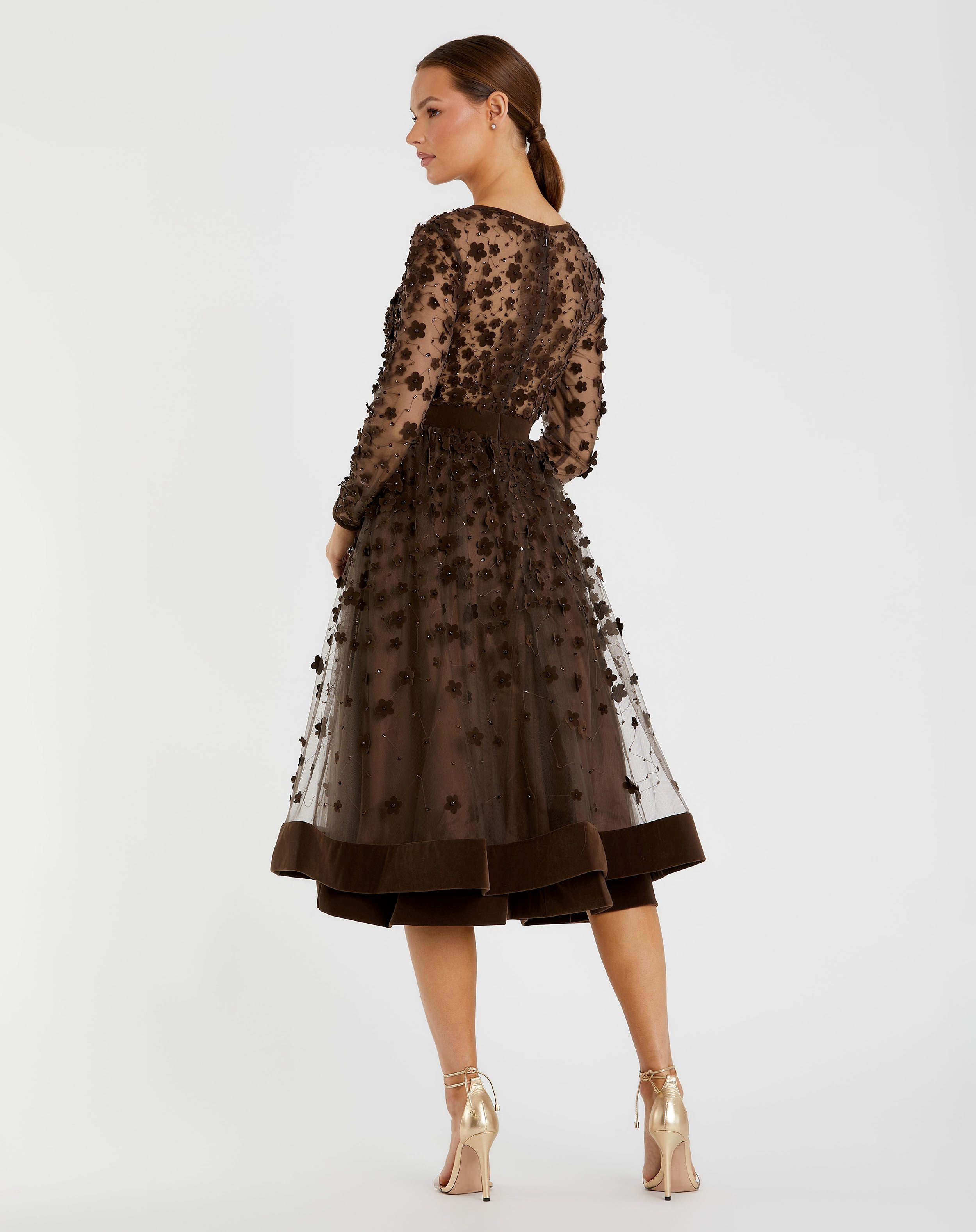 Brown Velvet Embellished Illusion Long Sleeve A-Line Midi Dress-Myartka
