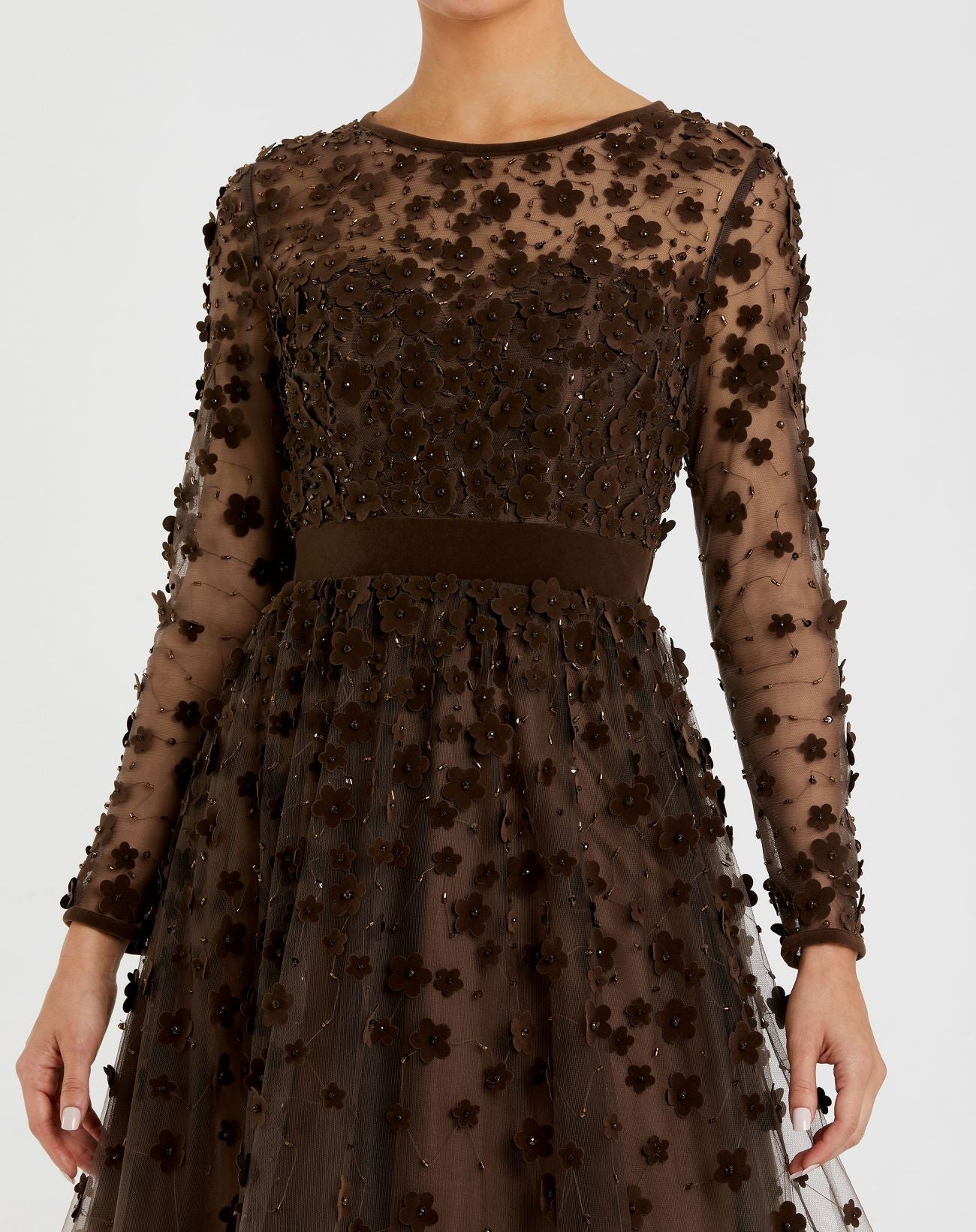 Brown Velvet Embellished Illusion Long Sleeve A-Line Midi Dress-Myartka
