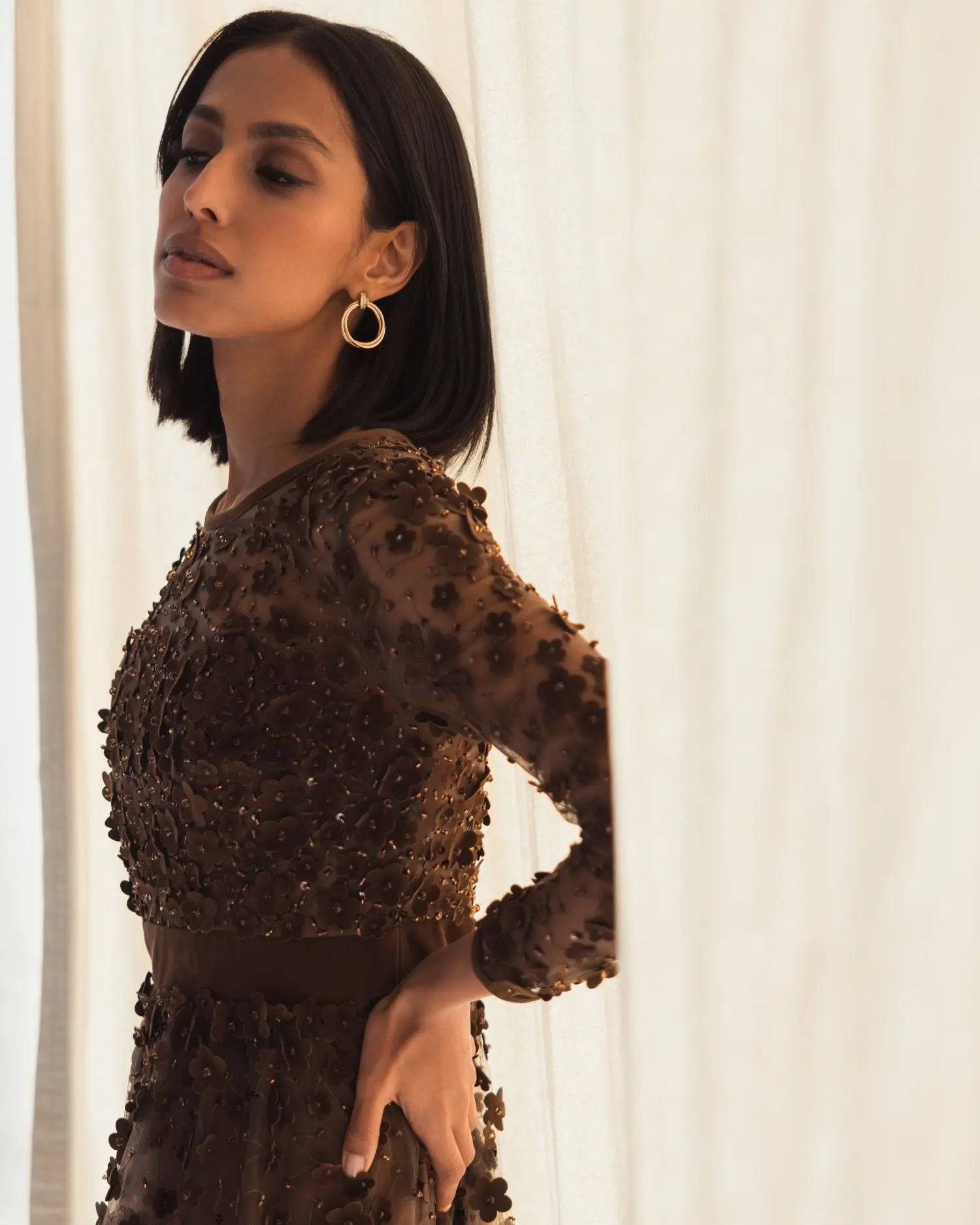 Brown Velvet Embellished Illusion Long Sleeve A-Line Midi Dress-Myartka