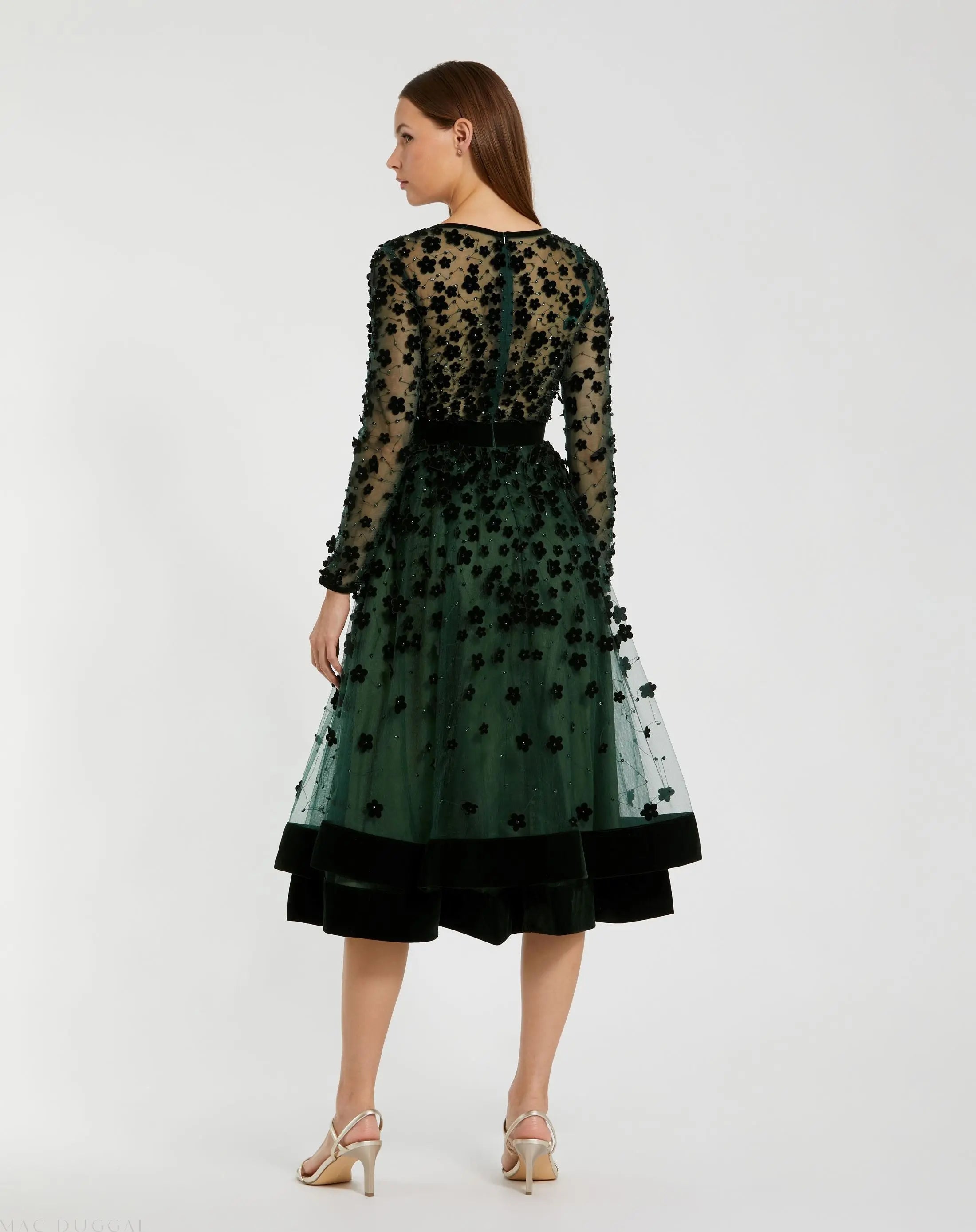 Green Velvet Embellished Illusion Long Sleeve A-Line Midi Dress-Myartka