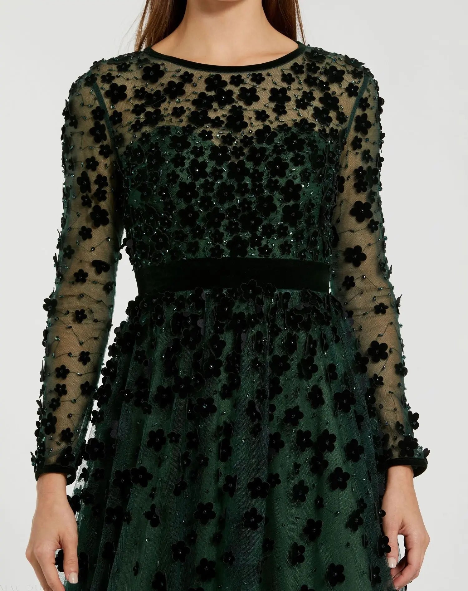 Green Velvet Embellished Illusion Long Sleeve A-Line Midi Dress-Myartka