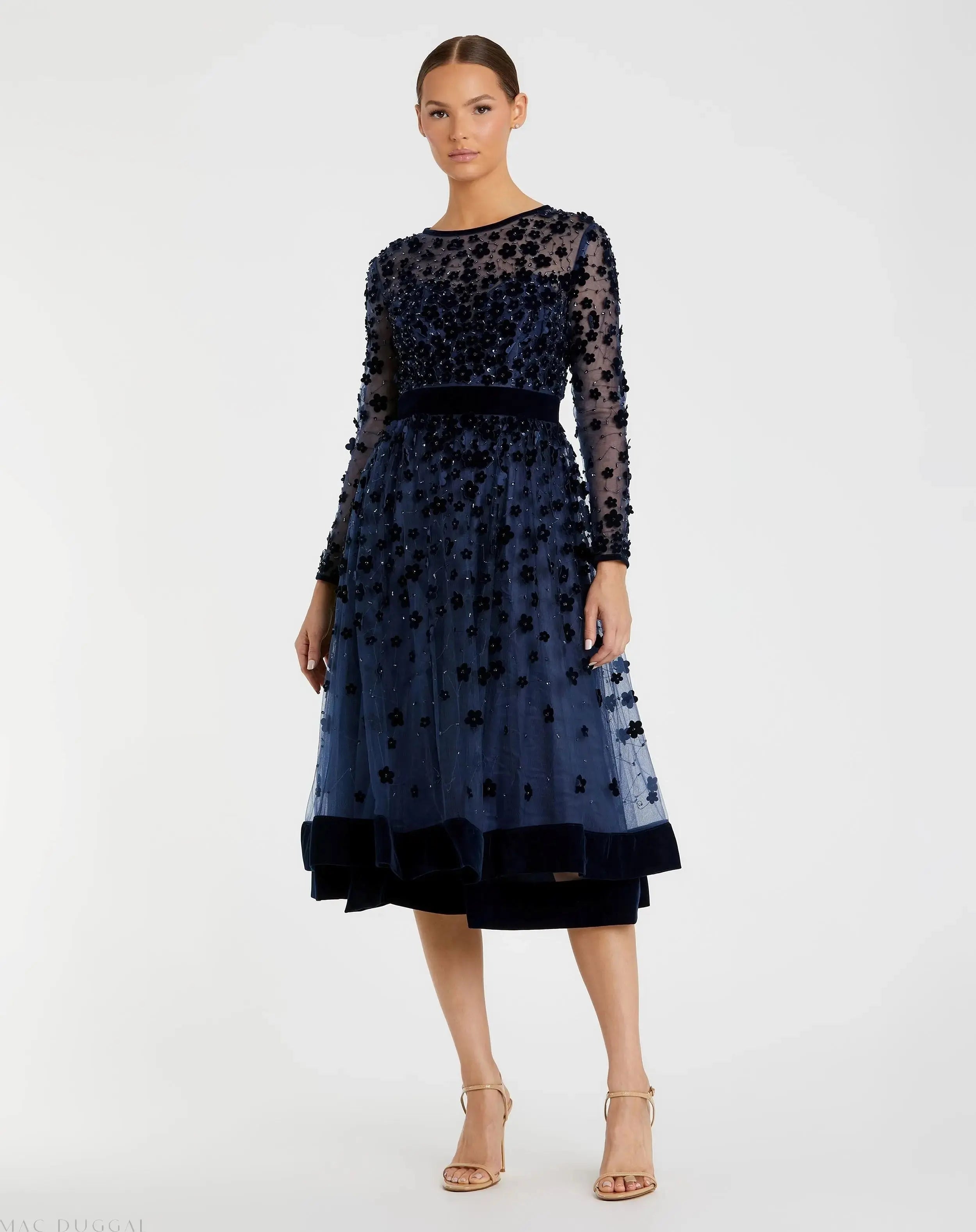 Embellished Illusion High Neck Long Sleeve Fit & Flare Dress-Myartka