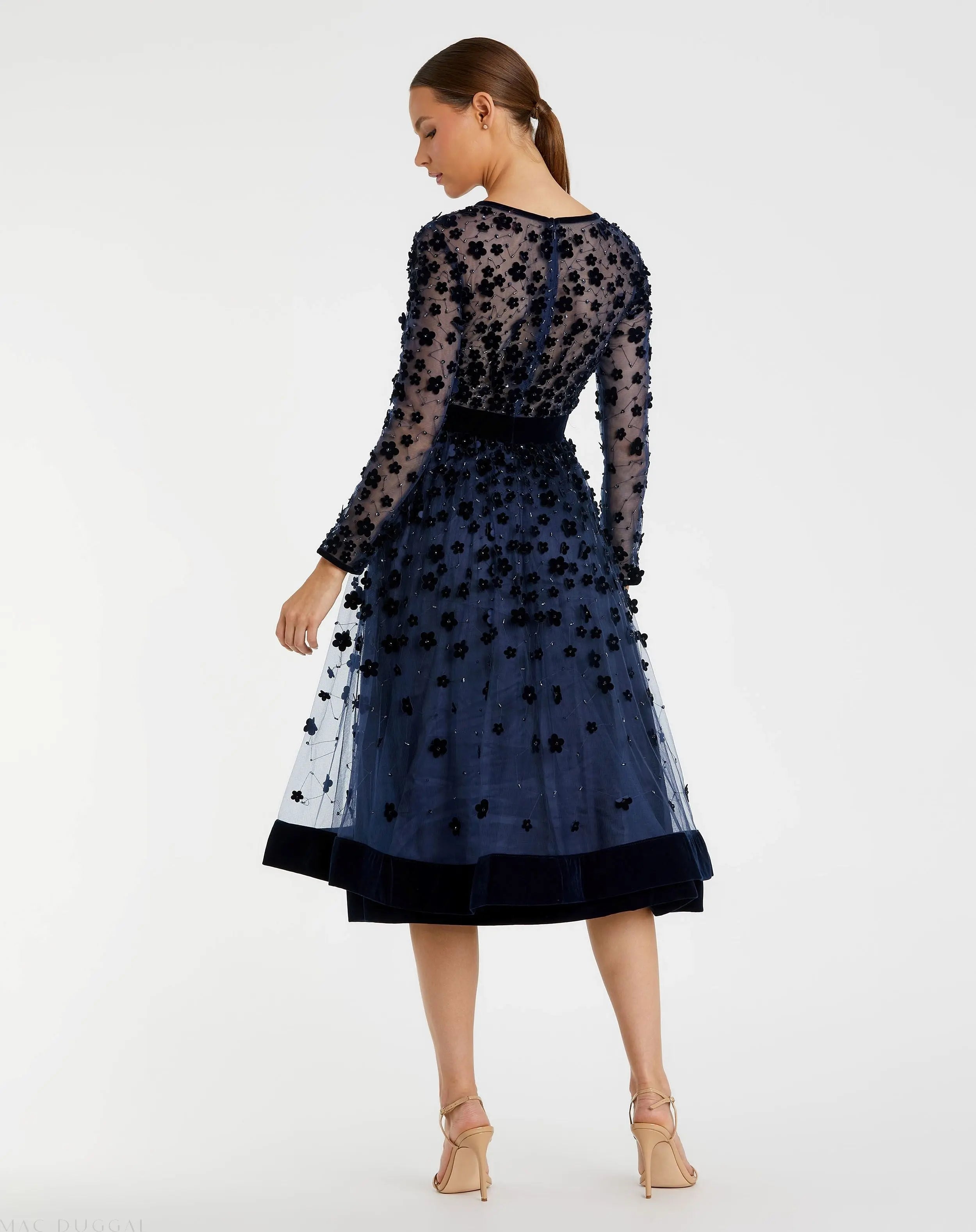 Navy Velvet Embellished Illusion Long Sleeve A-Line Midi Dress-Myartka