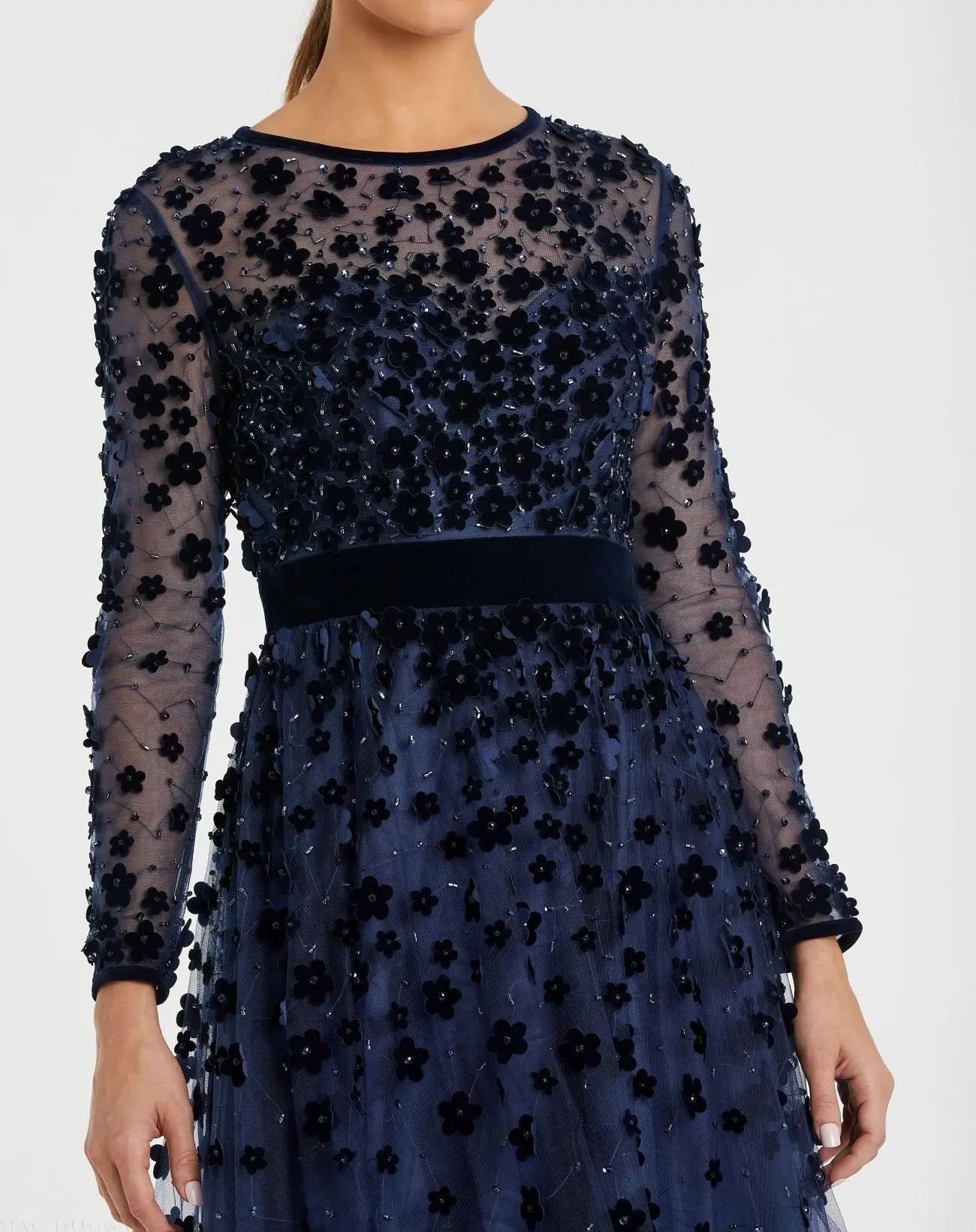 Navy Velvet Embellished Illusion Long Sleeve A-Line Midi Dress-Myartka