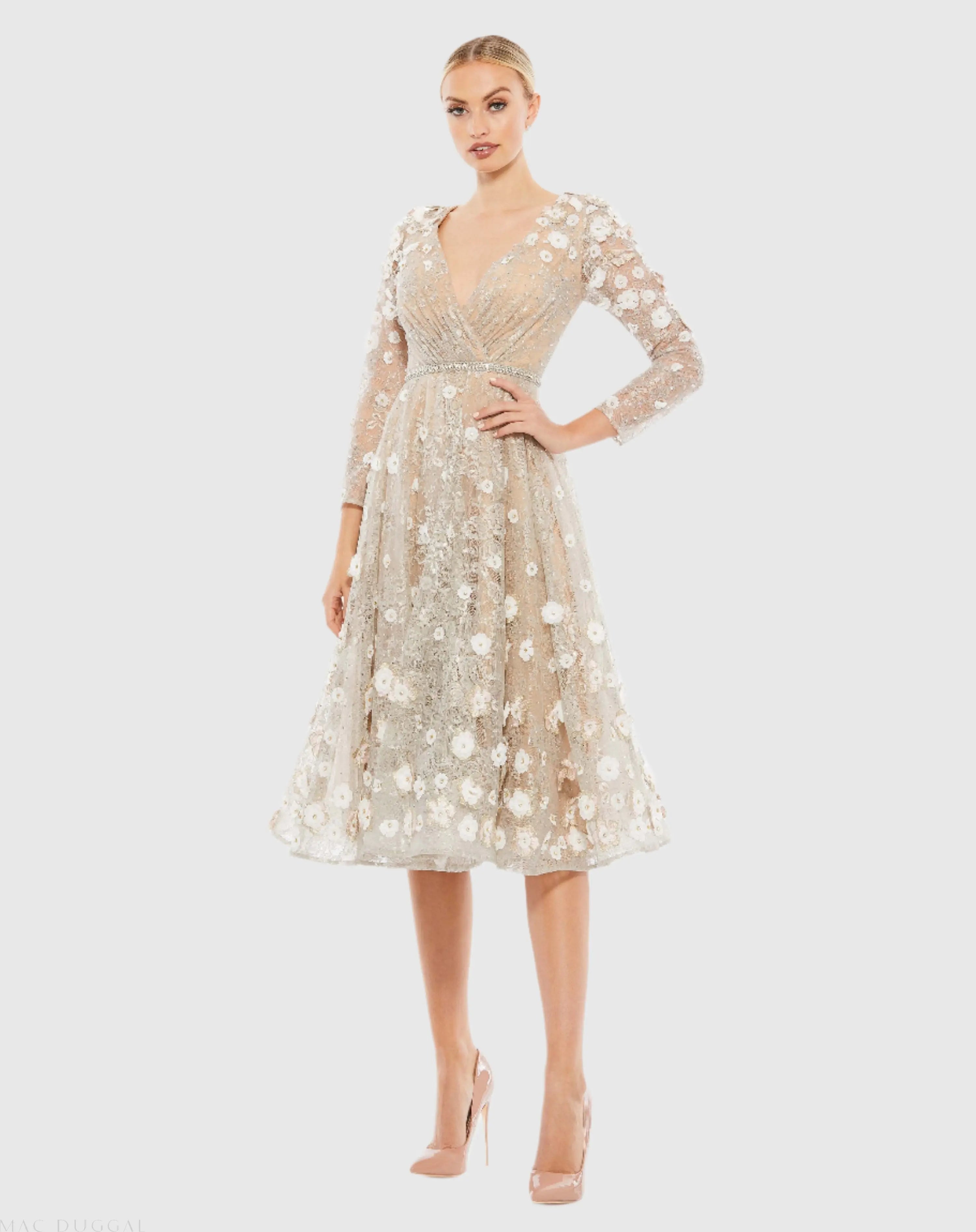 Beige Floral Embellished Lace A-Line Cocktail Dress-Myartka