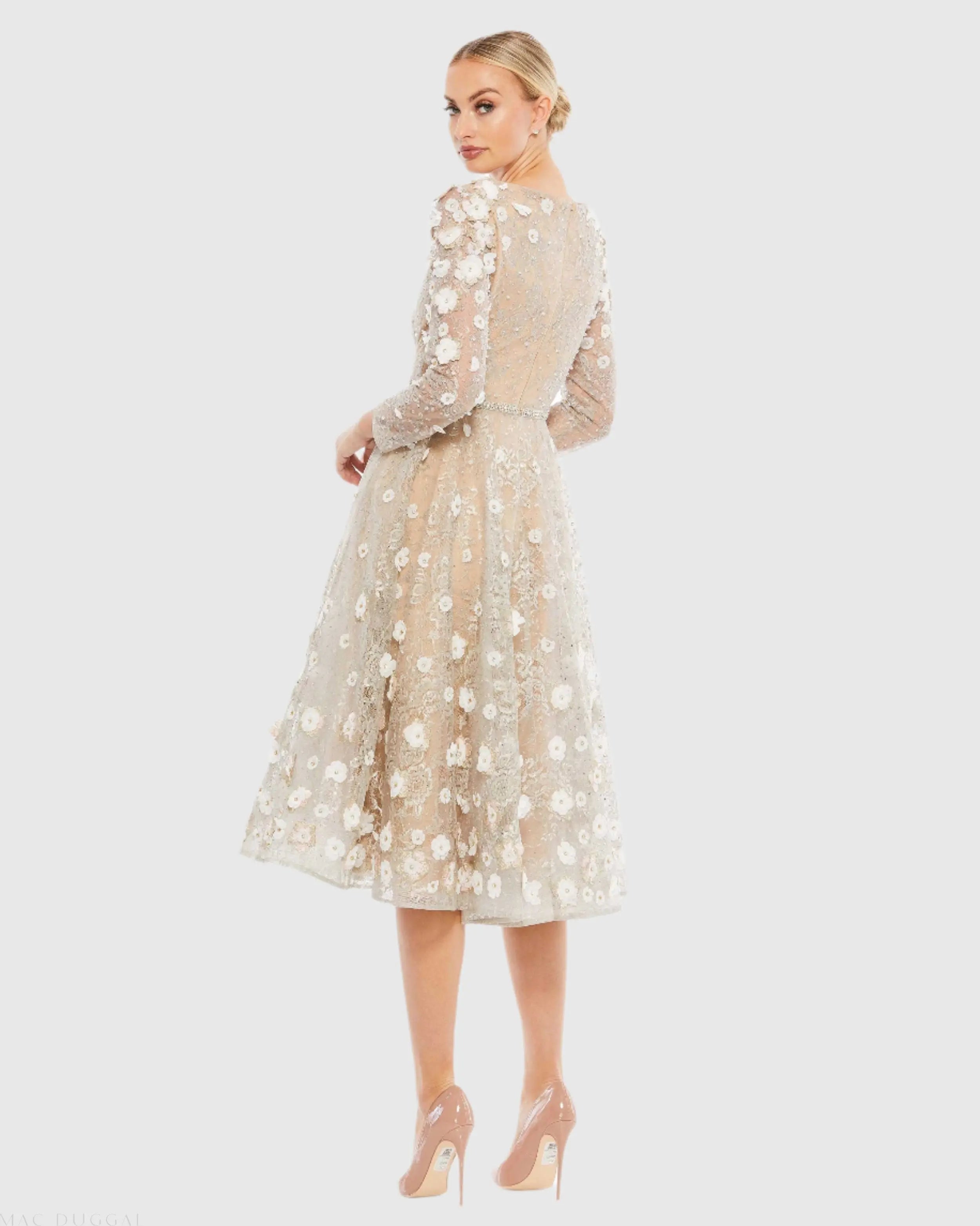 Beige Floral Embellished Lace A-Line Cocktail Dress-Myartka