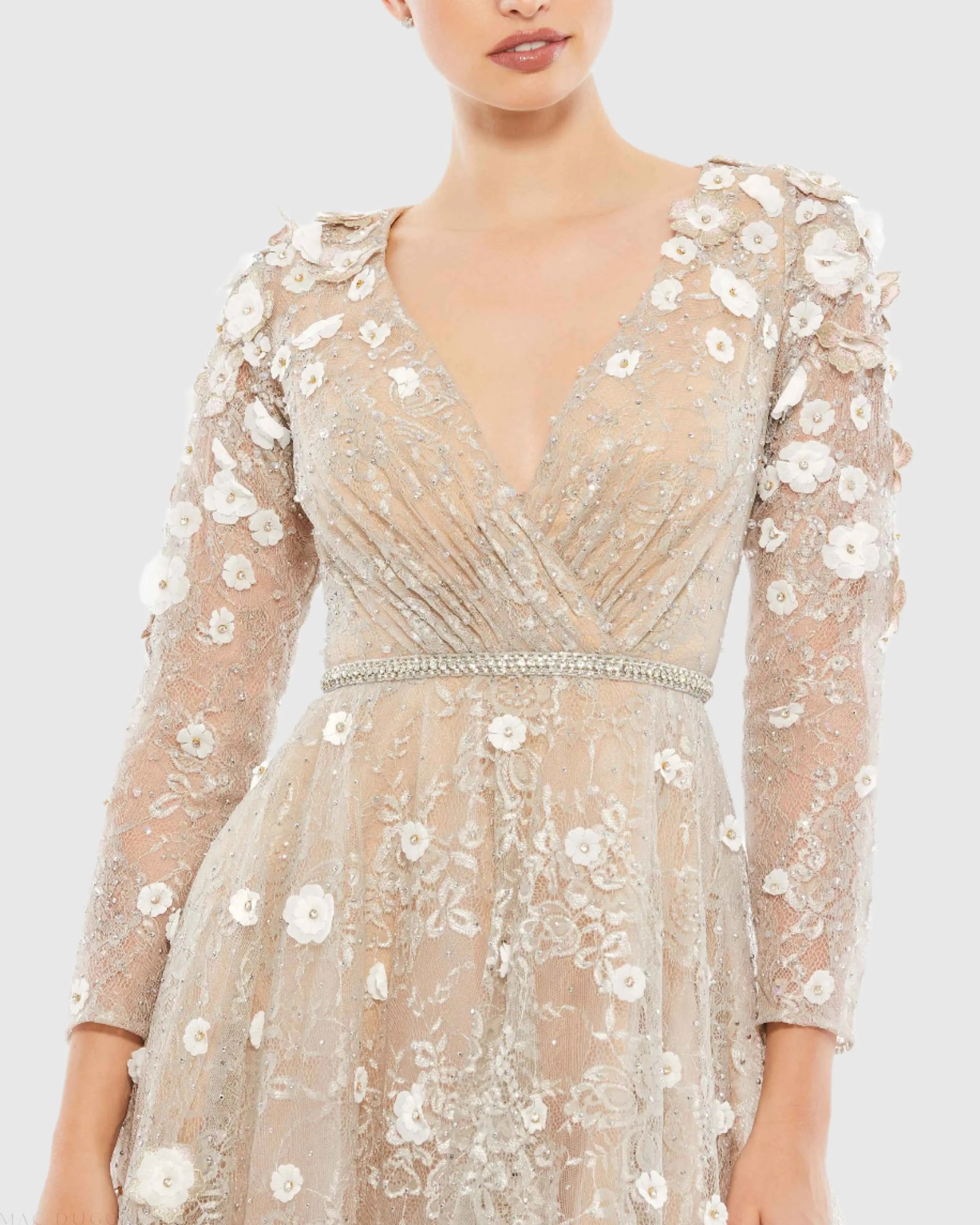 Beige Floral Embellished Lace A-Line Cocktail Dress-Myartka
