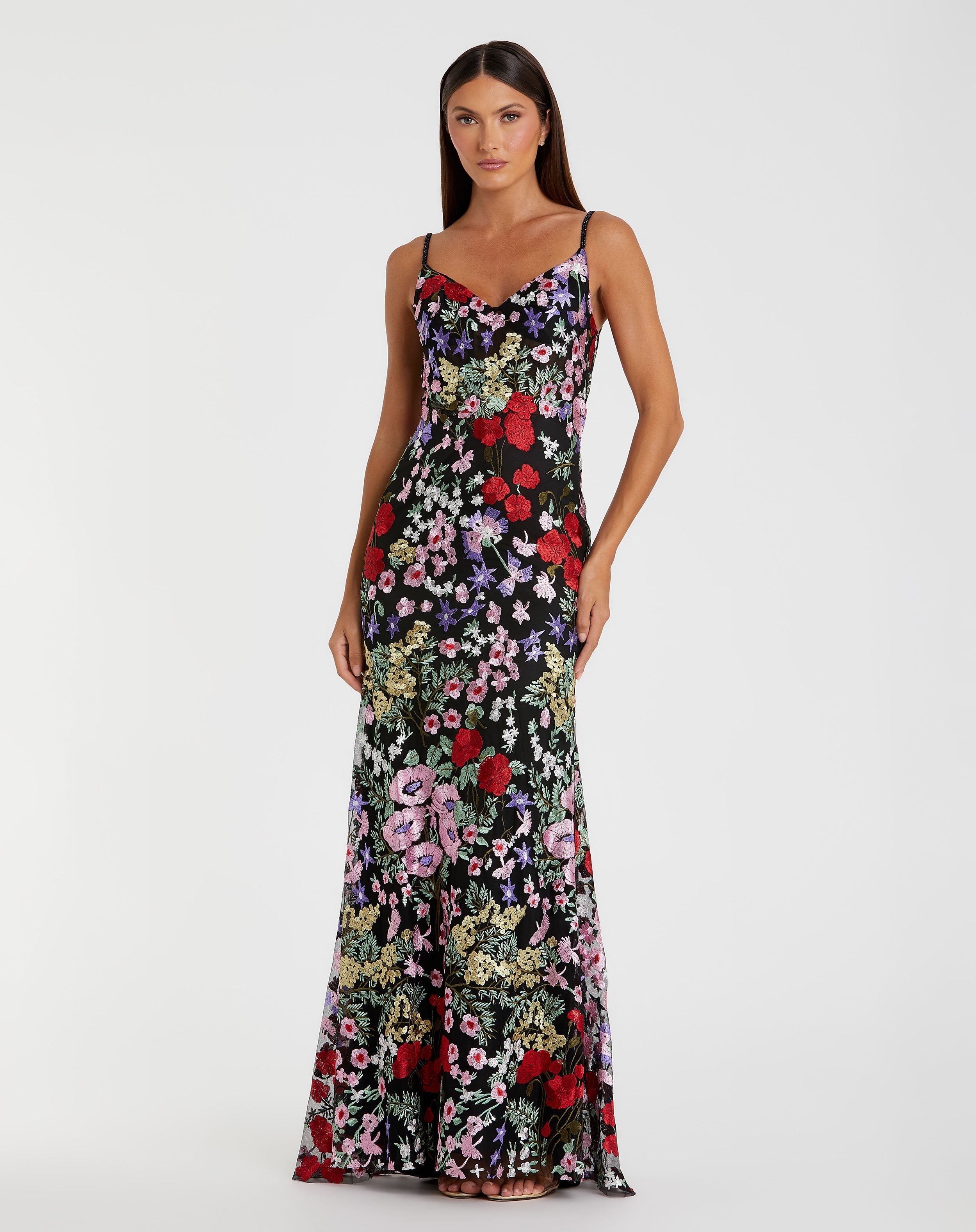Black Embroidered Floral Trumpet Gown-Myartka