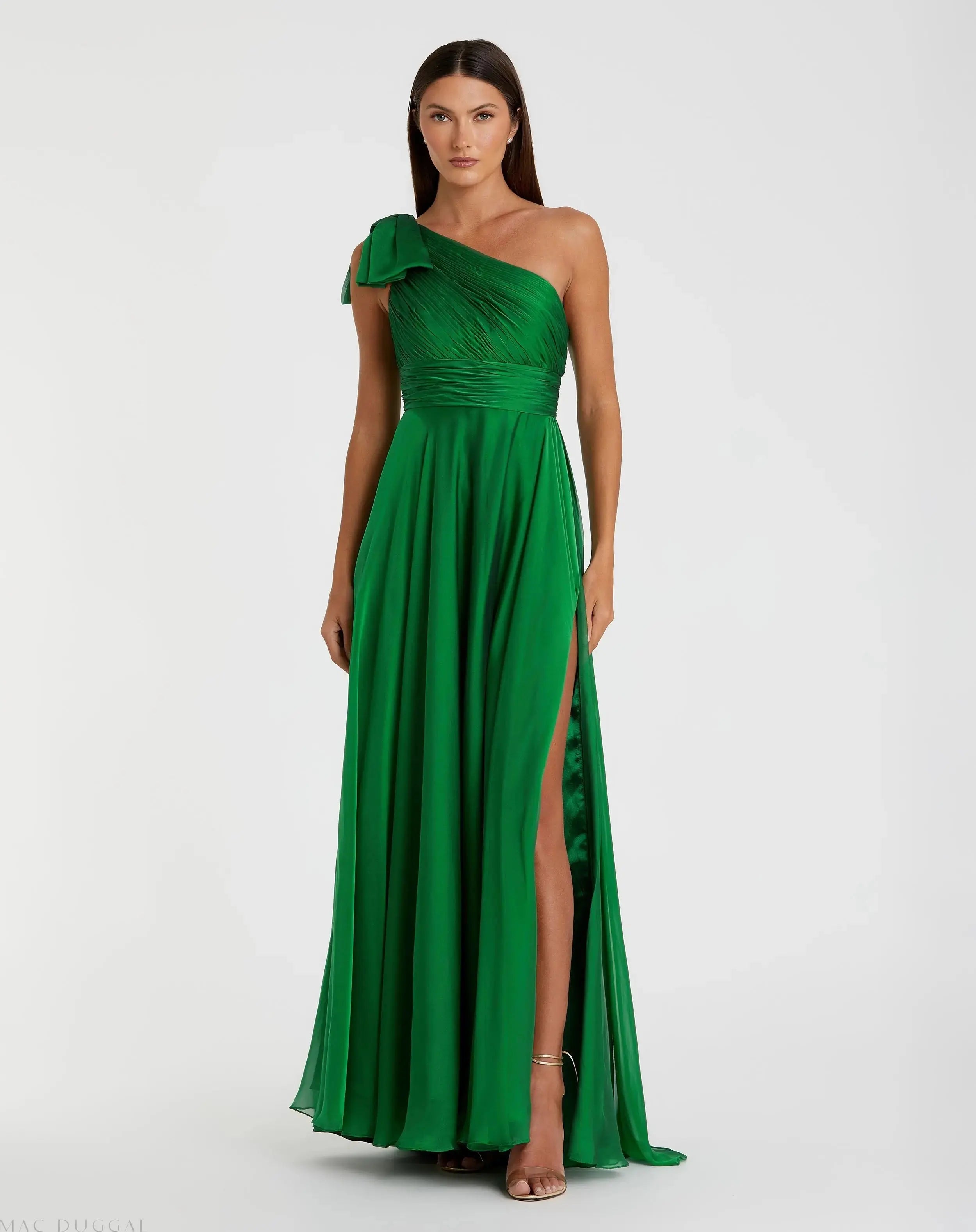 Green Sleeveless One Shoulder Pleated Gown-Myartka