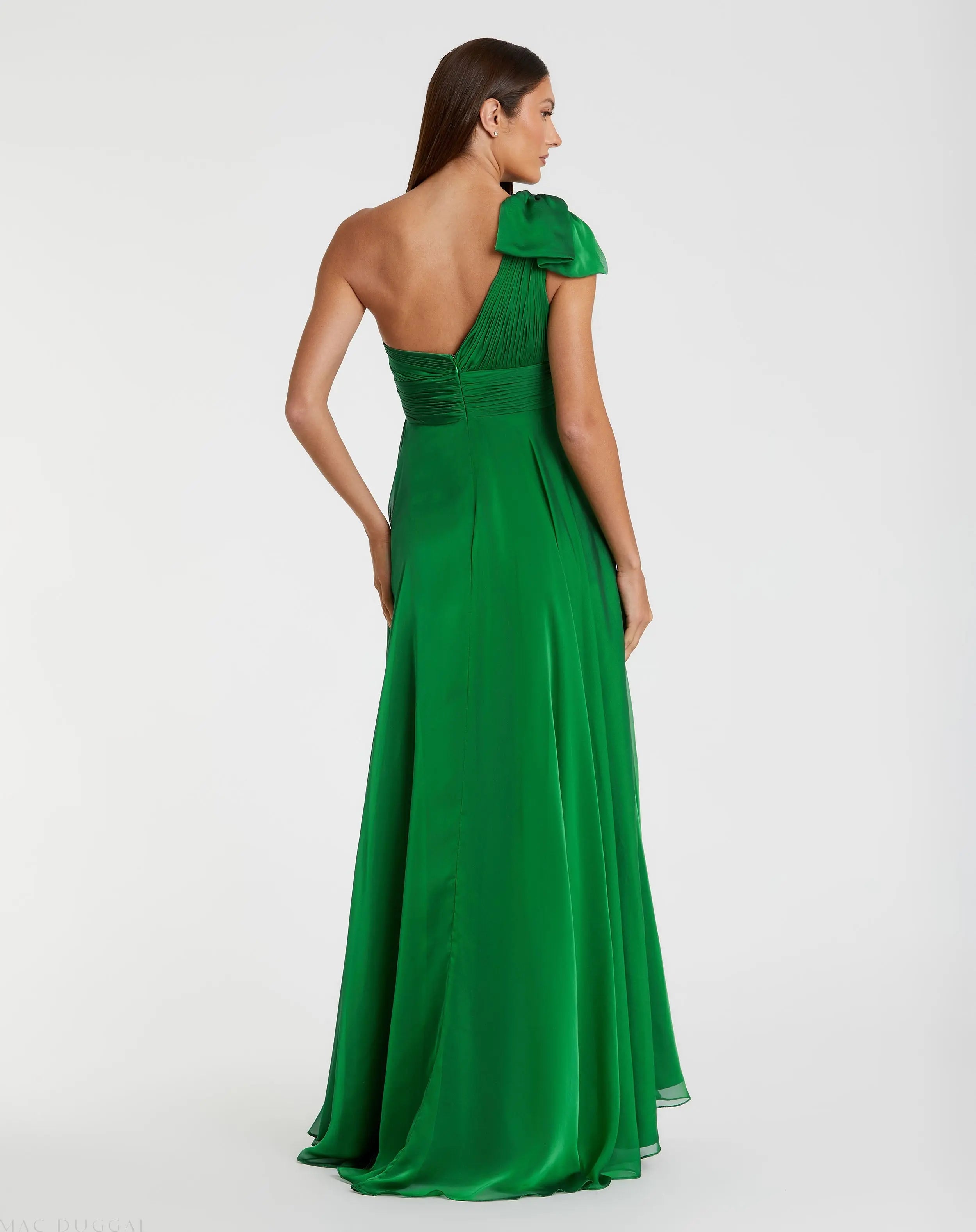 Green Sleeveless One Shoulder Pleated Gown-Myartka