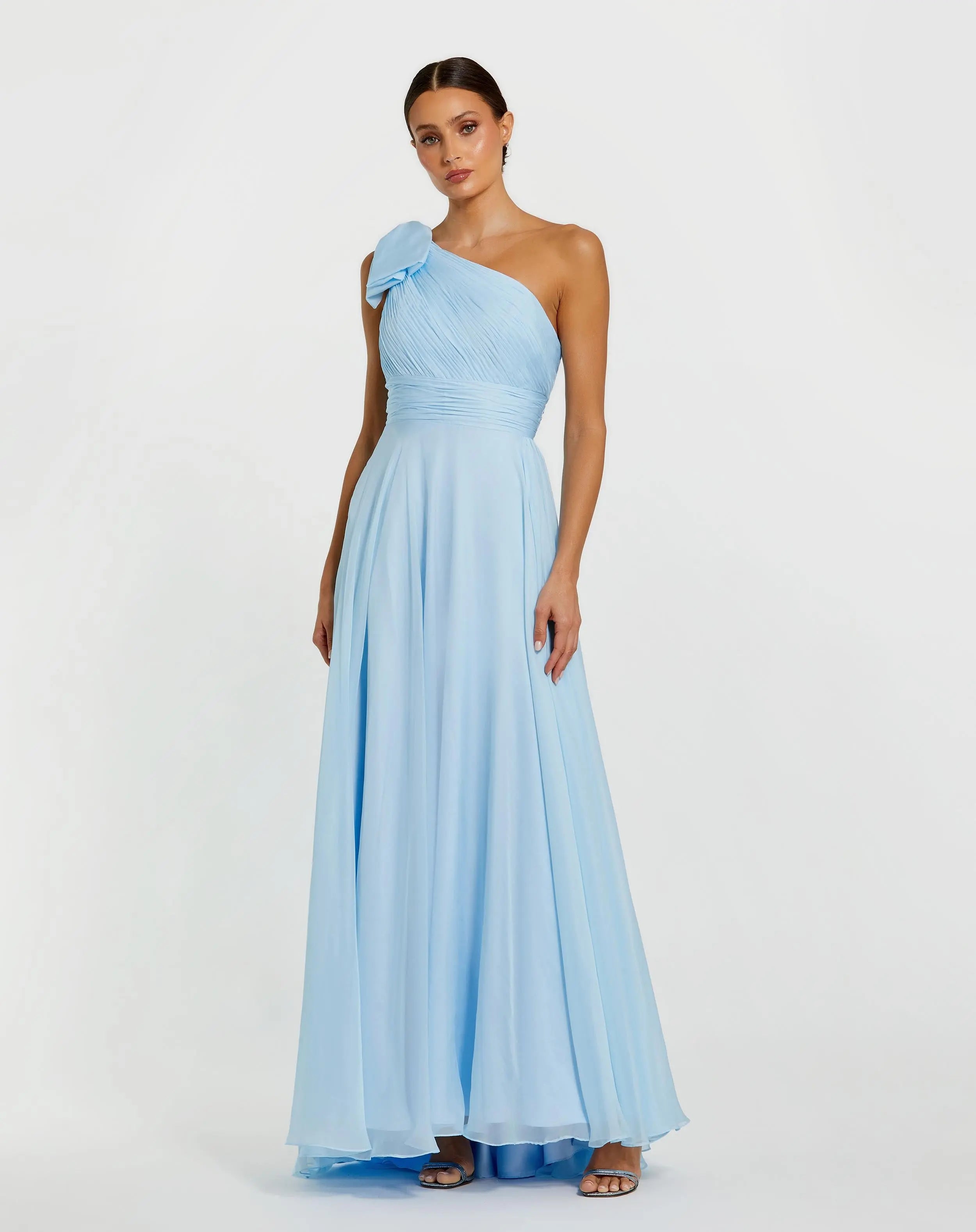 Blue One Shoulder Pleated Evening Gown with Bow-Myartka