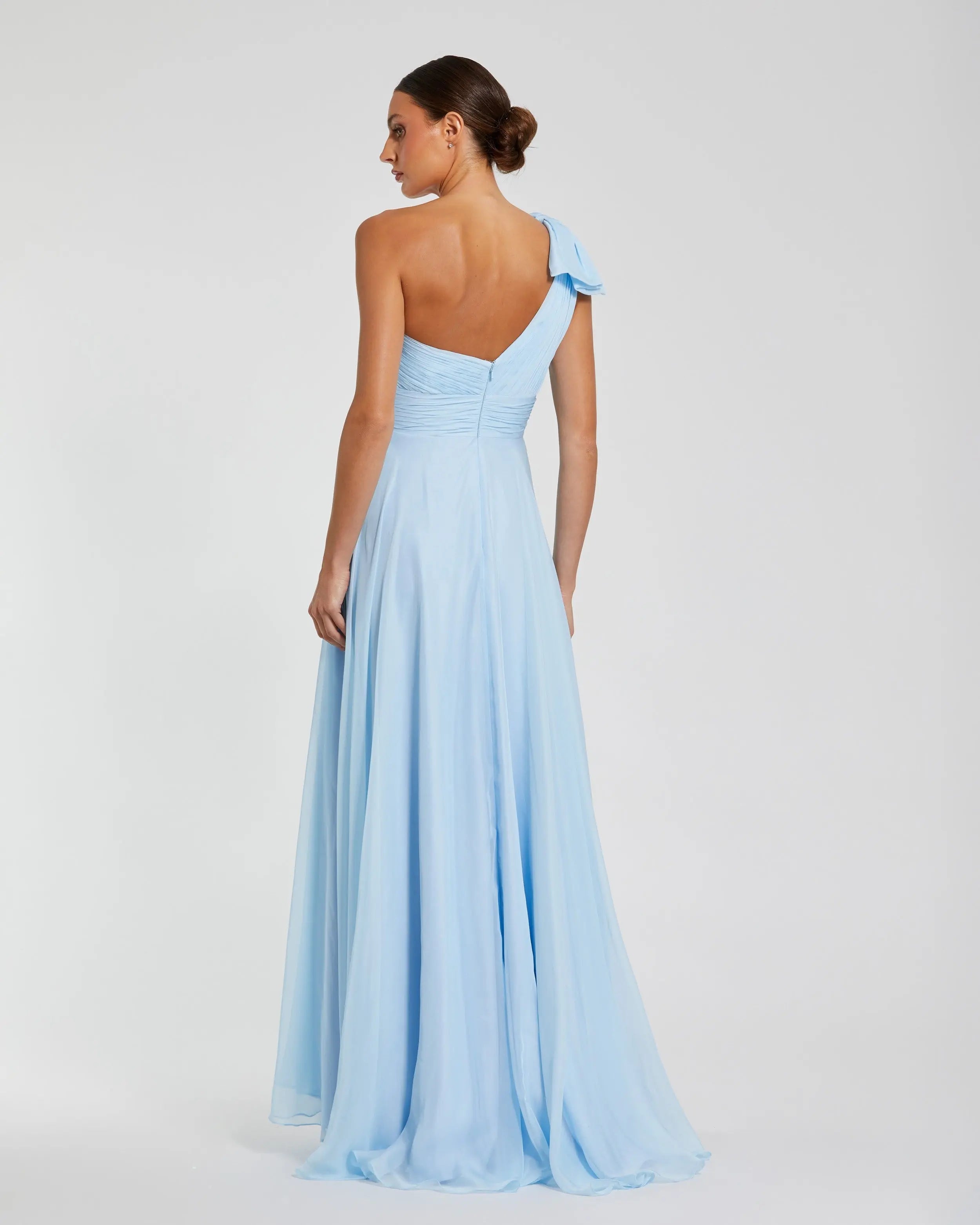 Blue One Shoulder Pleated Evening Gown with Bow-Myartka