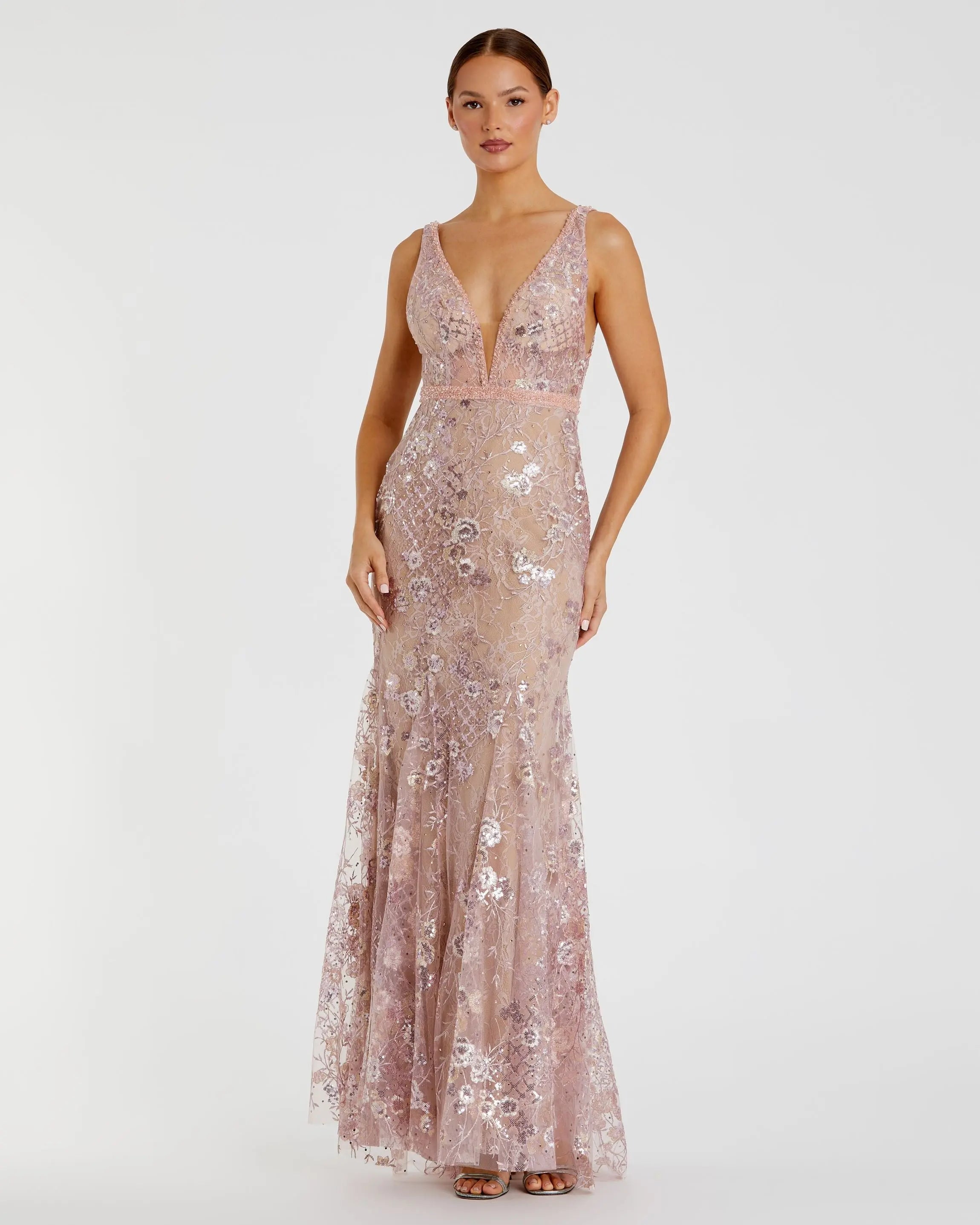 Pink Floral Embellished Sleeveless Plunge Neck Gown-Myartka
