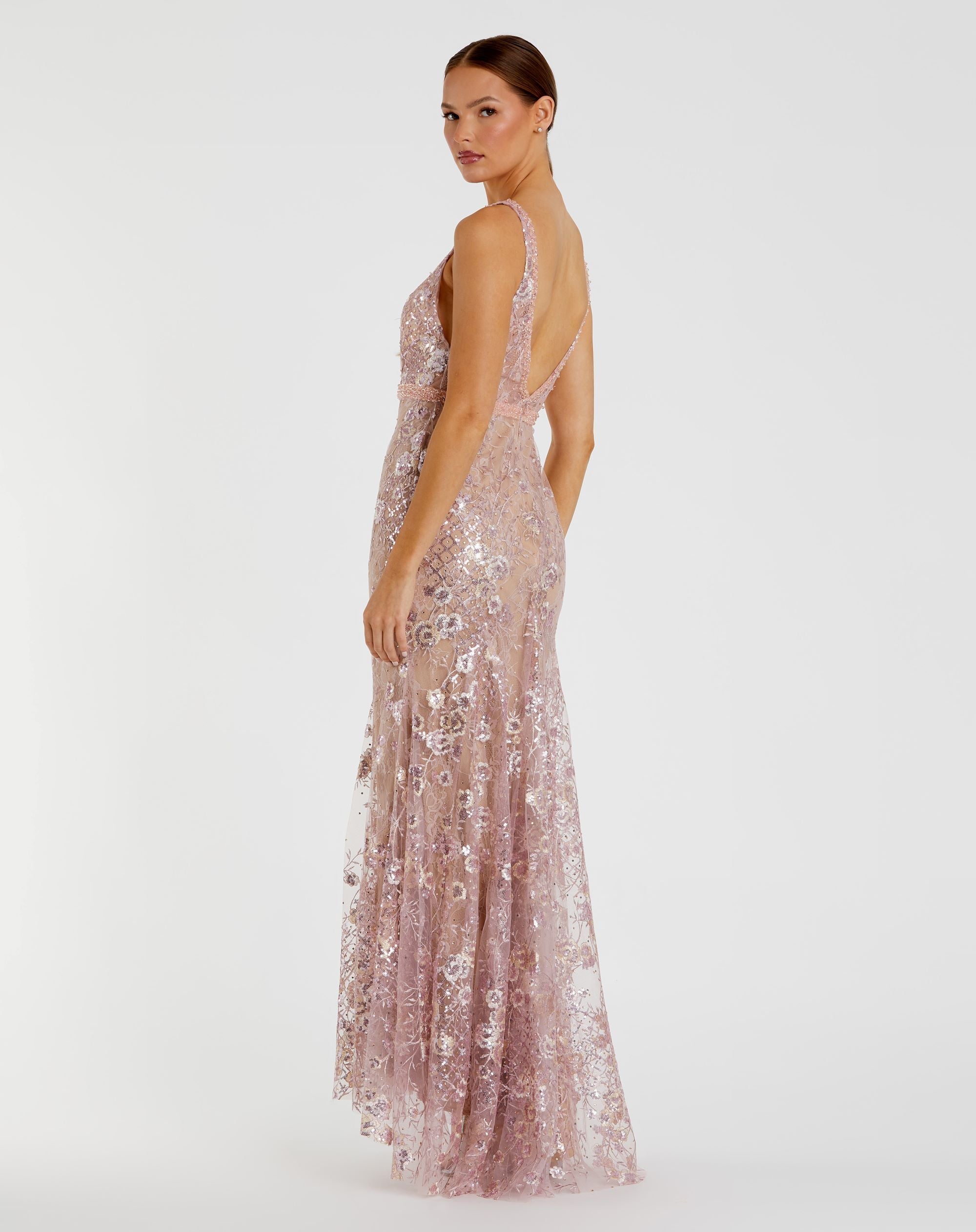 Pink Floral Embellished Sleeveless Plunge Neck Gown-Myartka