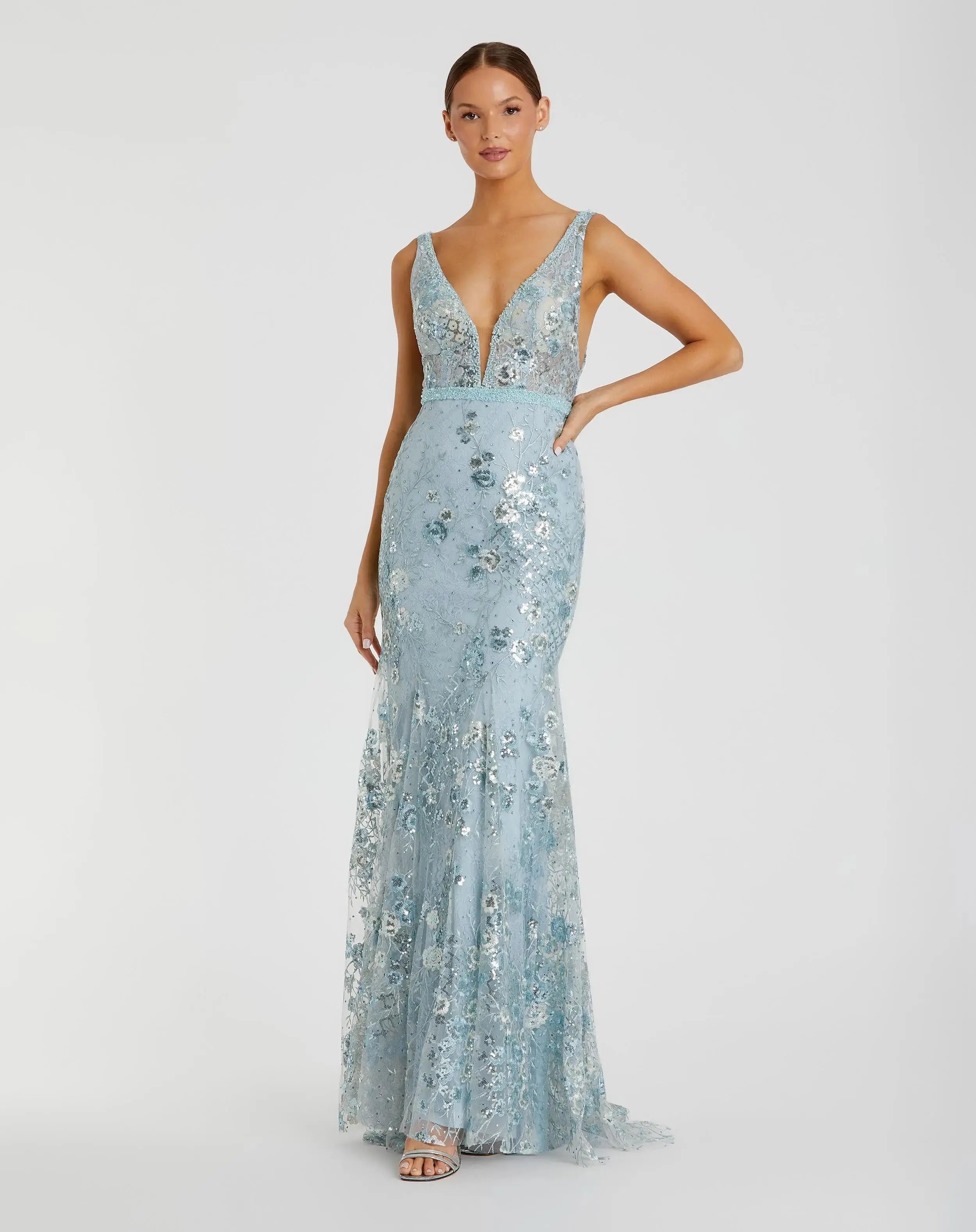 Blue Embellished Sleeveless Plunge Neck Gown-Myartka