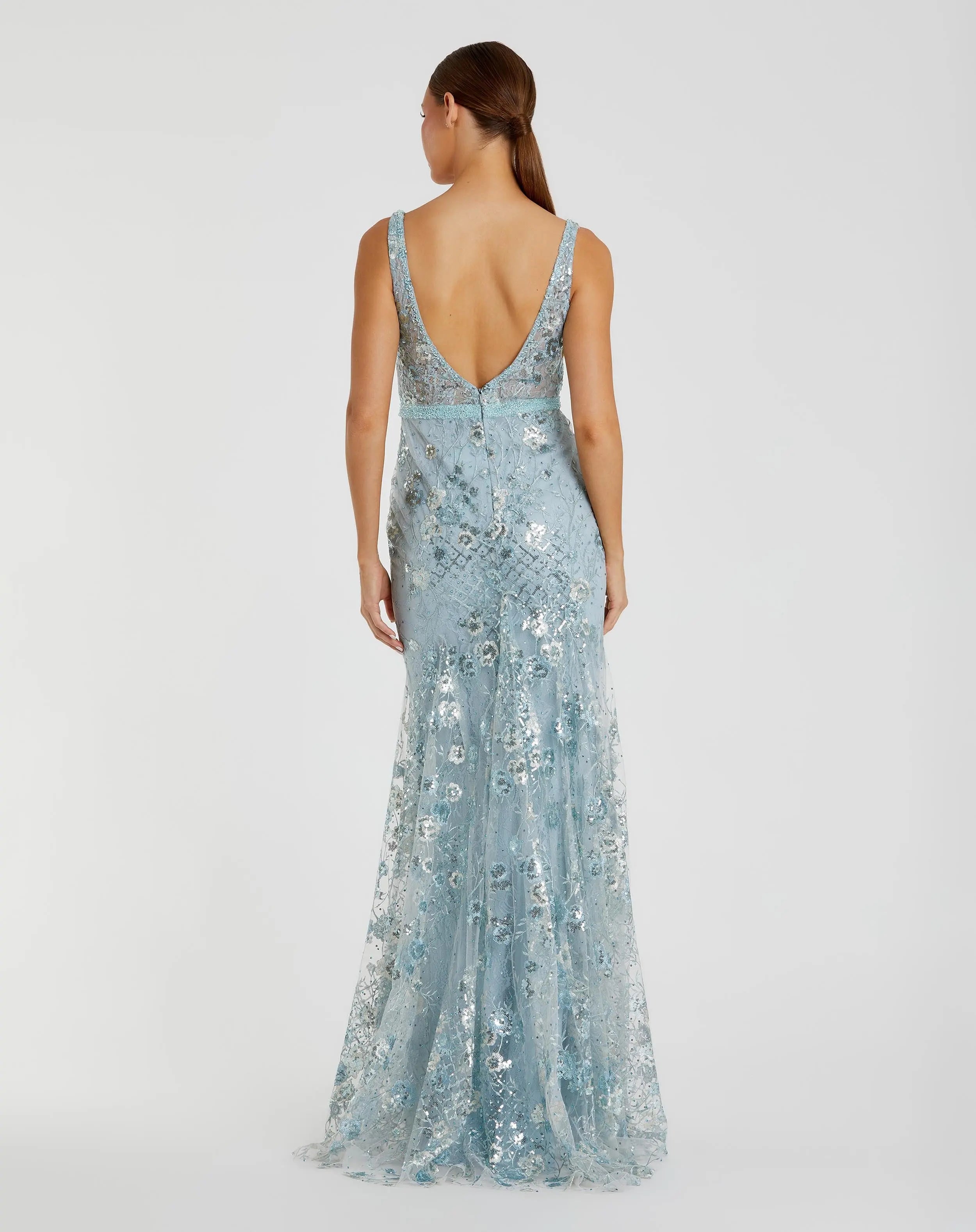 Blue Embellished Sleeveless Plunge Neck Gown-Myartka
