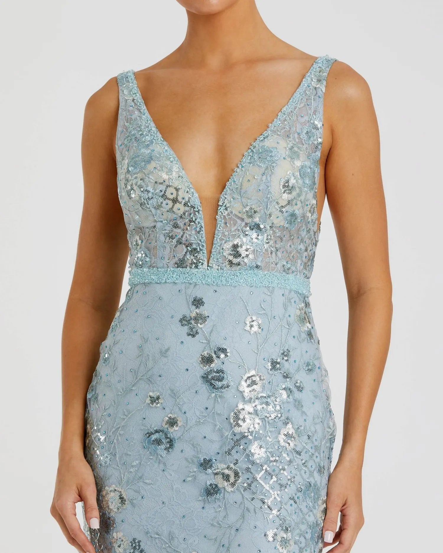 Blue Embellished Sleeveless Plunge Neck Gown-Myartka