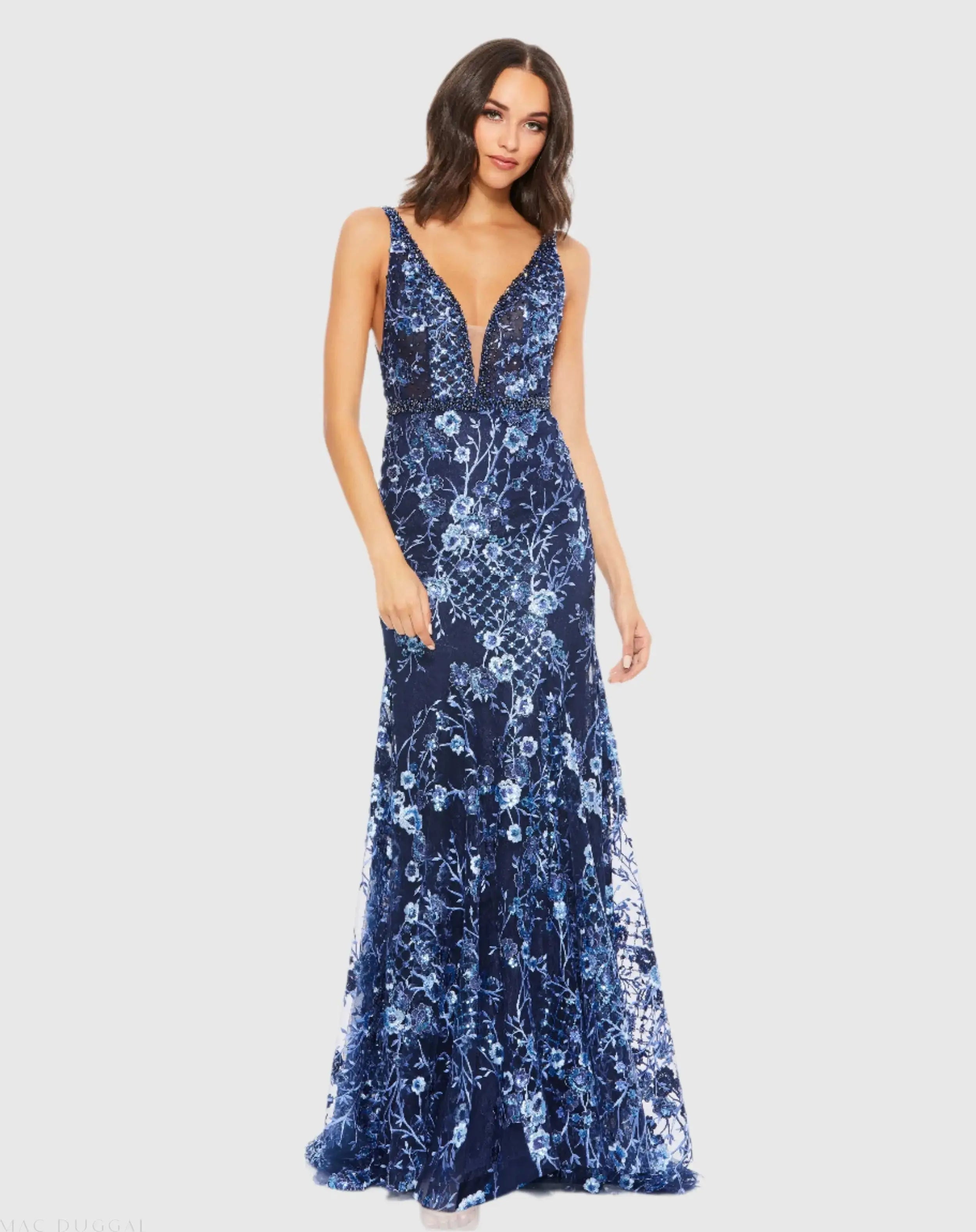 Dark Blue Floral Embellished Sleeveless Plunge Neck Gown-Myartka