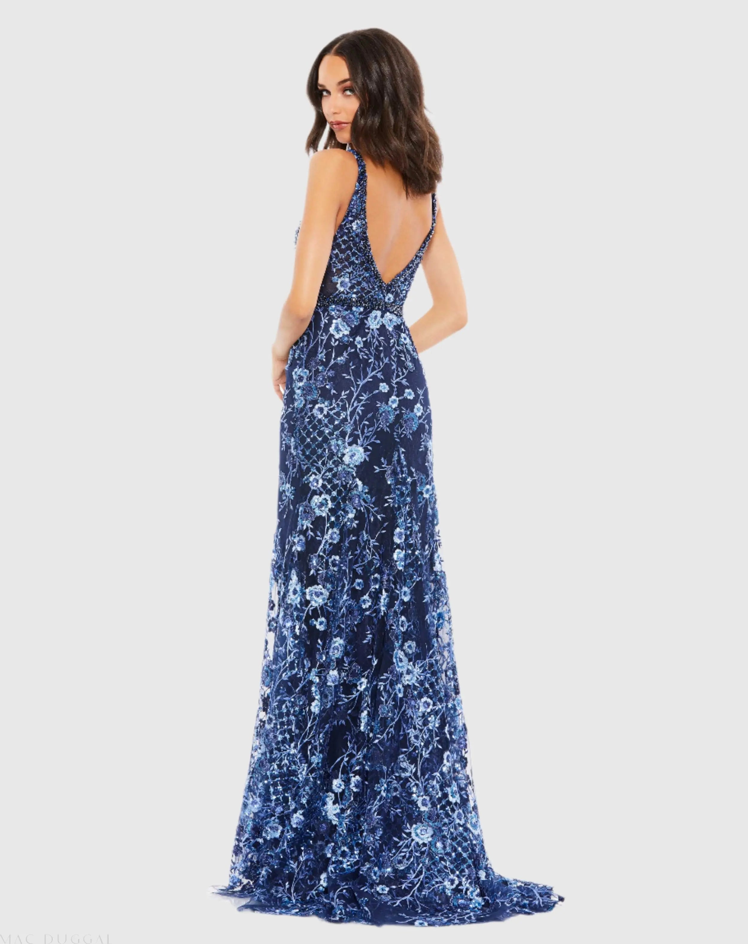 Dark Blue Floral Embellished Sleeveless Plunge Neck Gown-Myartka