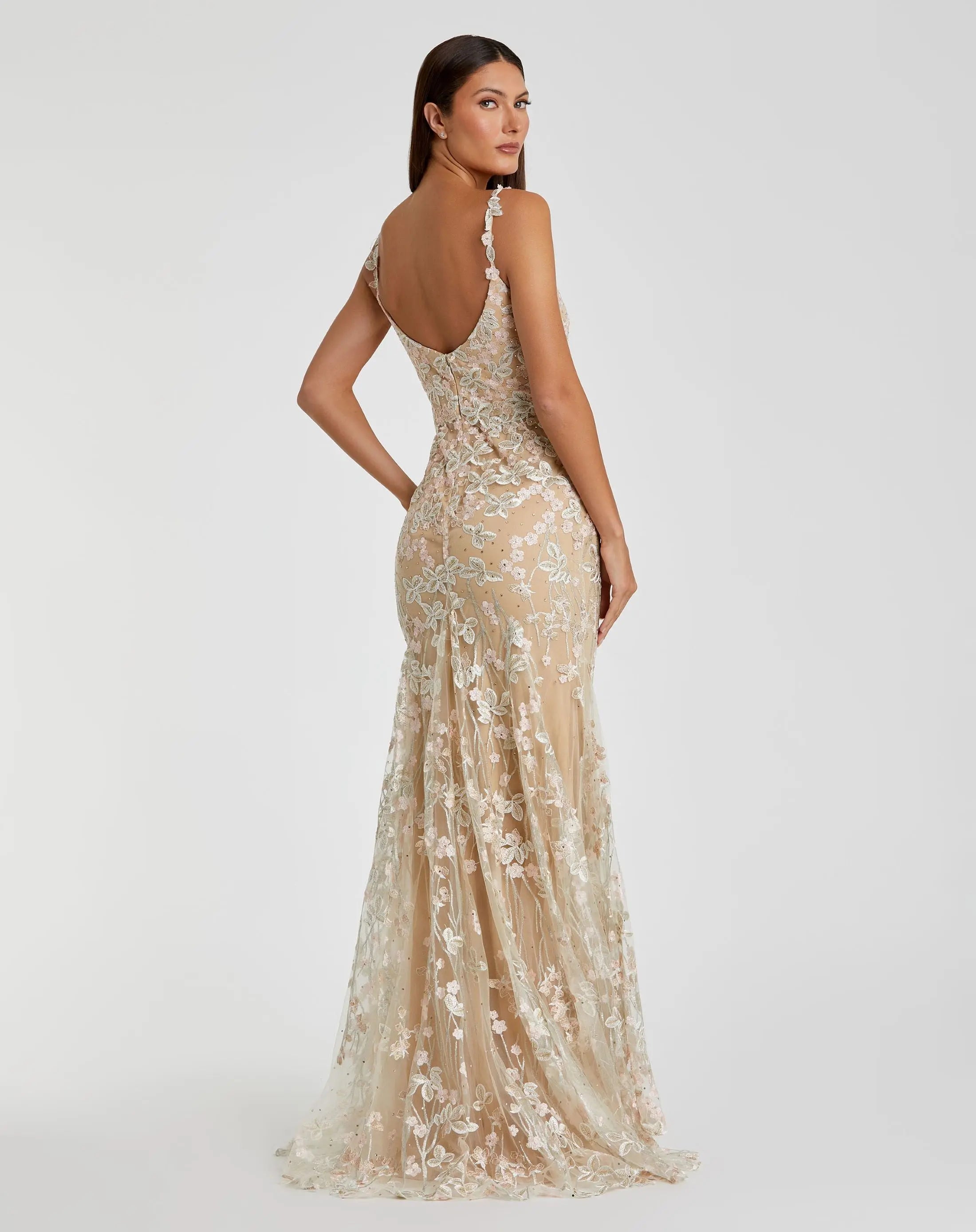 Beige Floral Embroidered Tulle Trumpet Gown - FINAL SALE-Myartka