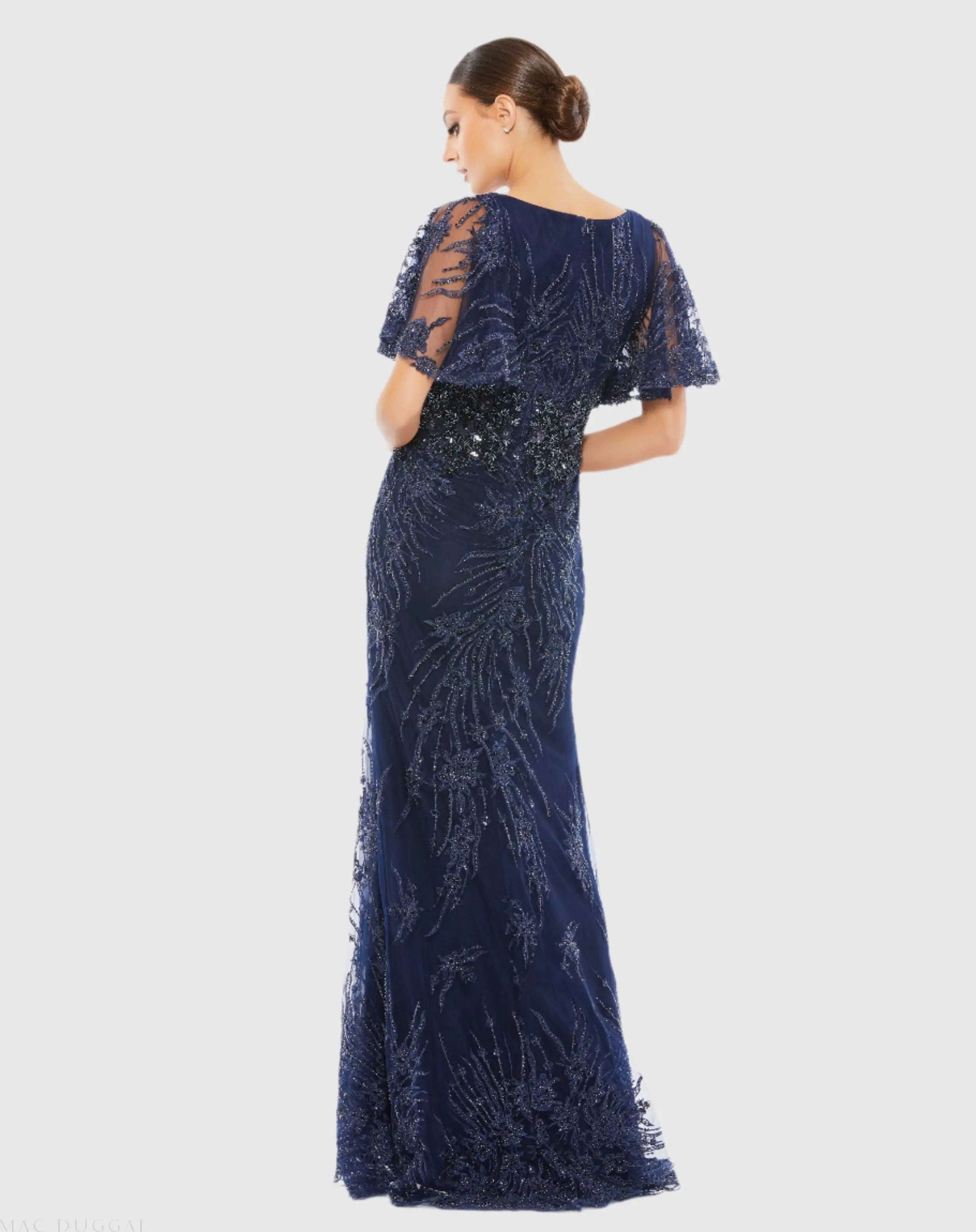 Navy Embellished Flutter Sleeve Evening Gown-Myartka