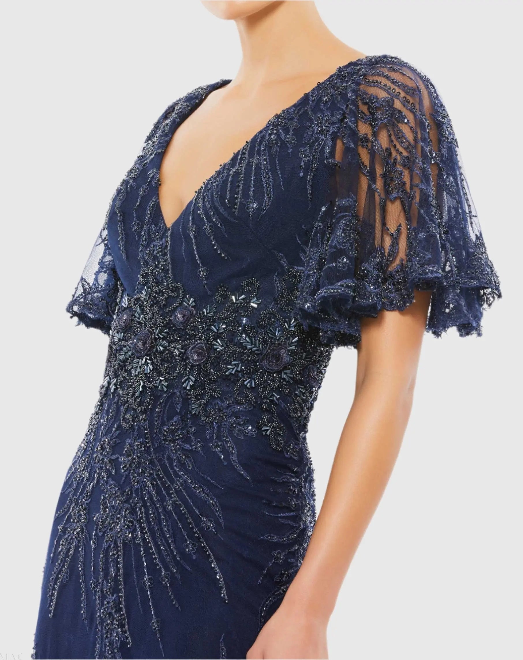 Navy Embellished Flutter Sleeve Evening Gown-Myartka