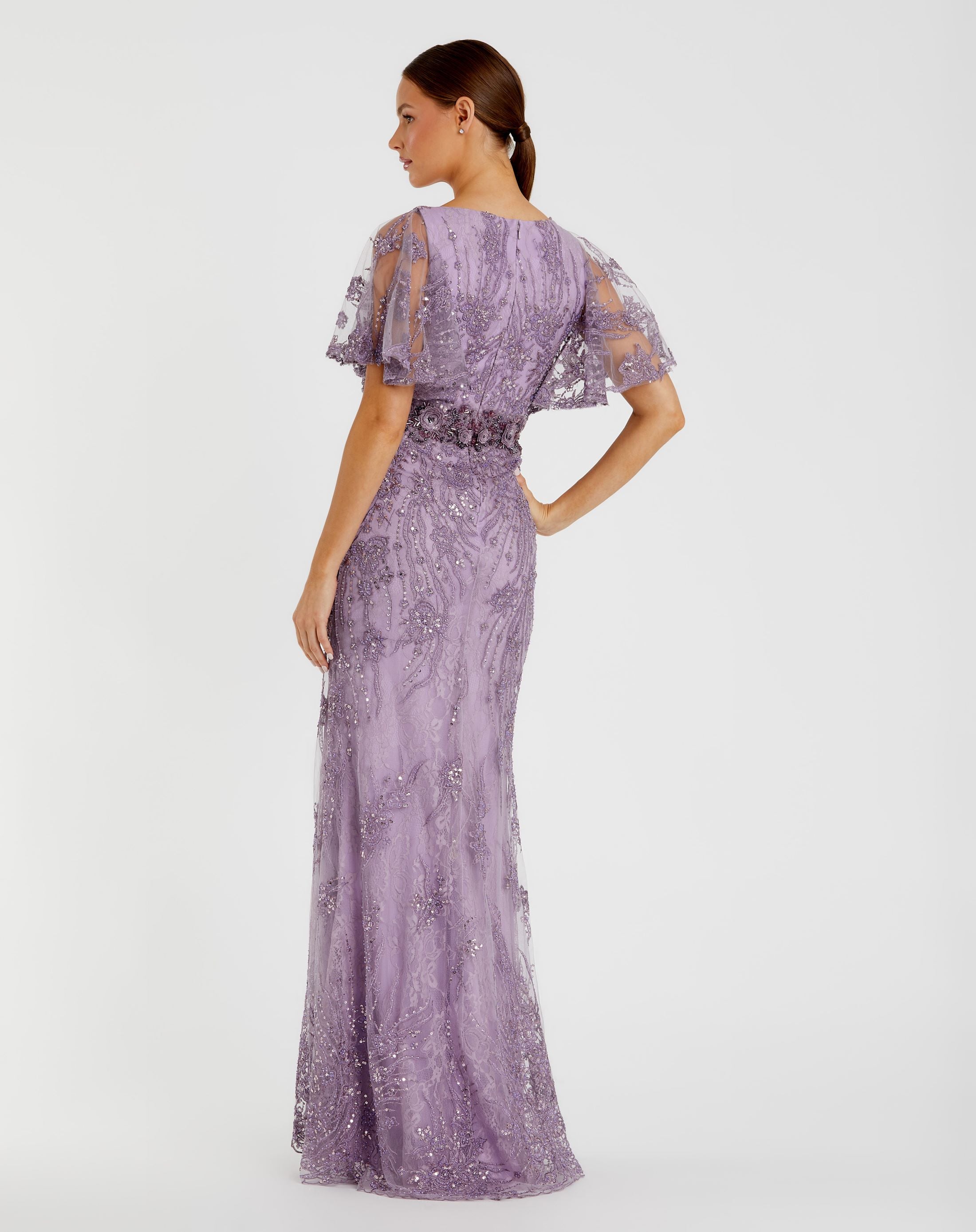 Purple Embellished Flutter Sleeve Evening Gown-Myartka