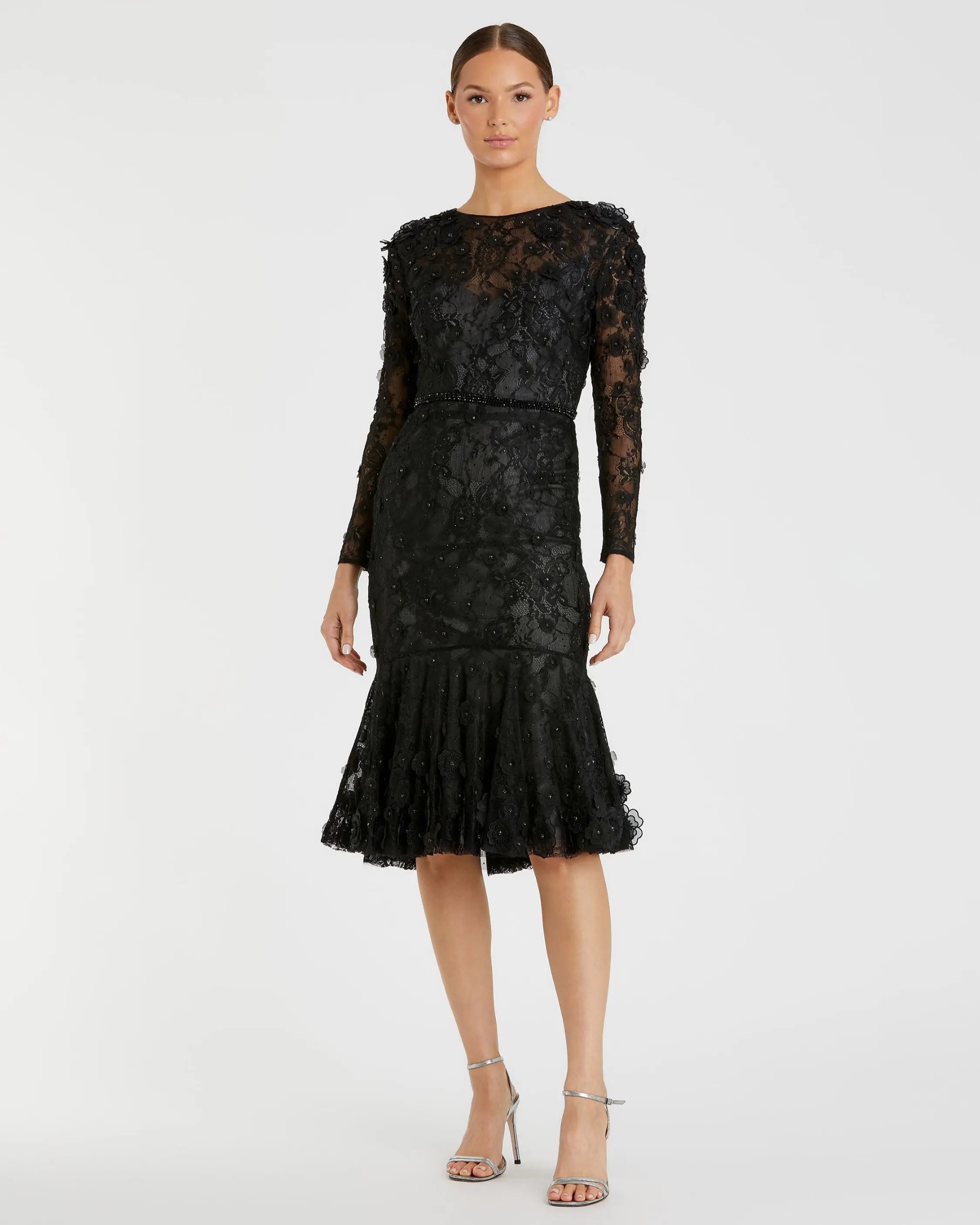 Black Floral Appliqué Long Sleeve Cocktail Dress-Myartka