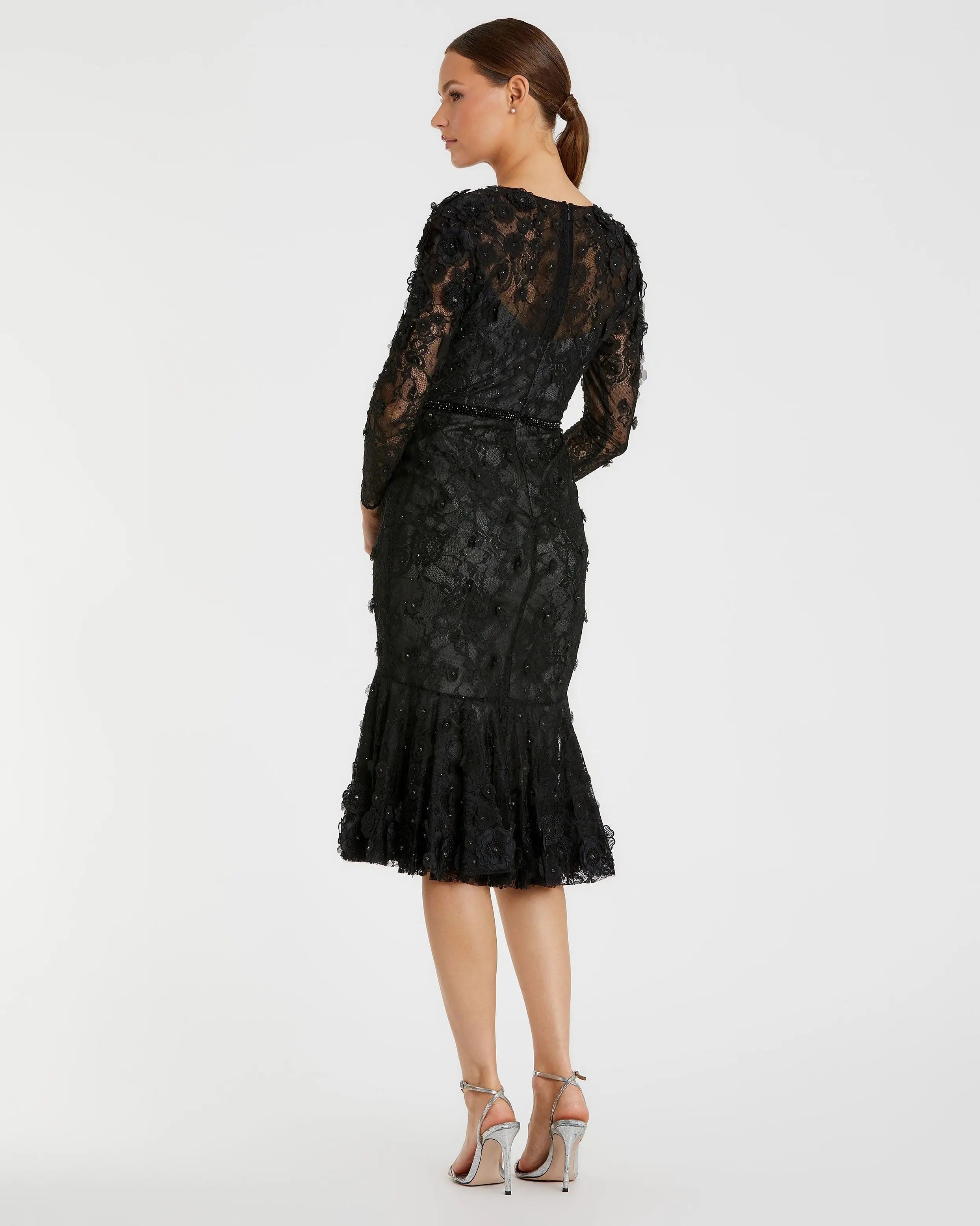 Black Floral Appliqué Long Sleeve Cocktail Dress-Myartka