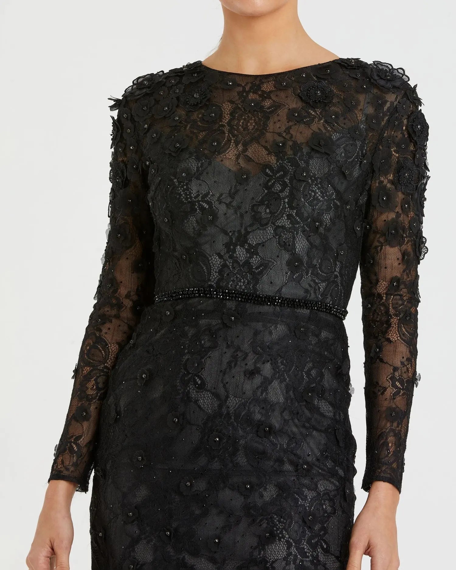 Black Floral Appliqué Long Sleeve Cocktail Dress-Myartka