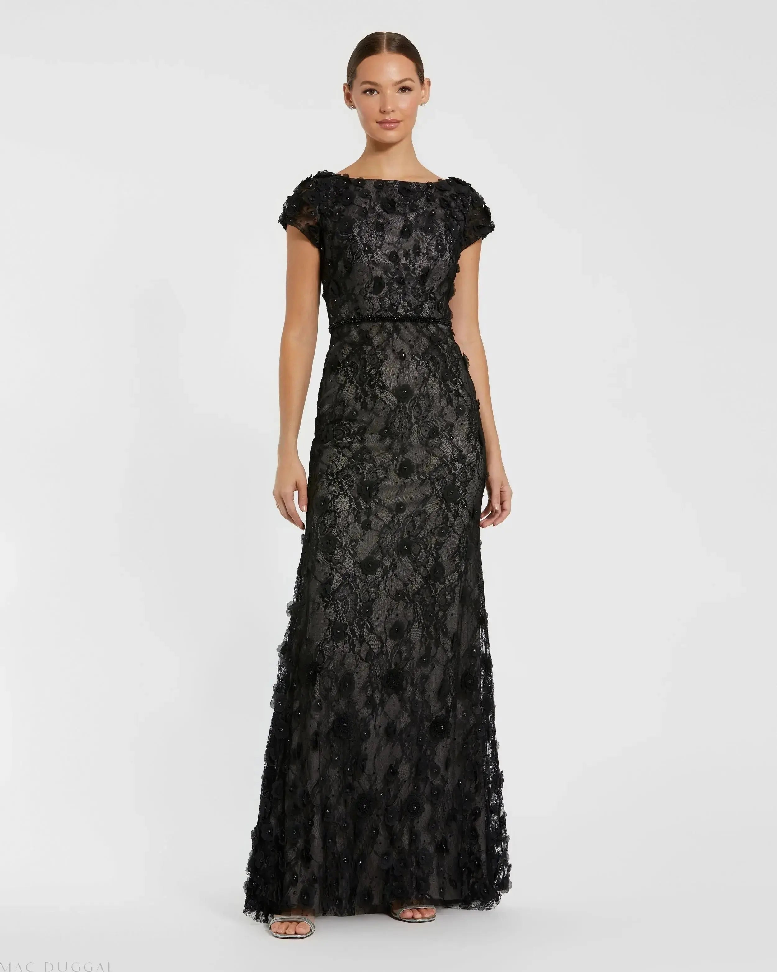 Black Floral Applique Boat Neck Cap Sleeve Gown-Myartka