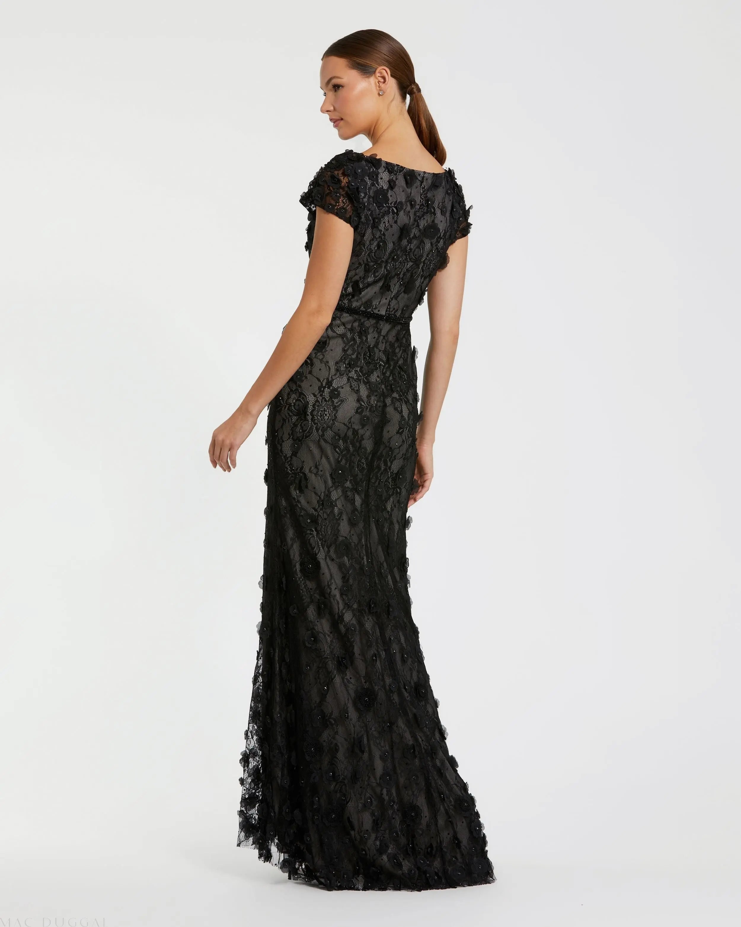 Black Floral Applique Boat Neck Cap Sleeve Gown-Myartka