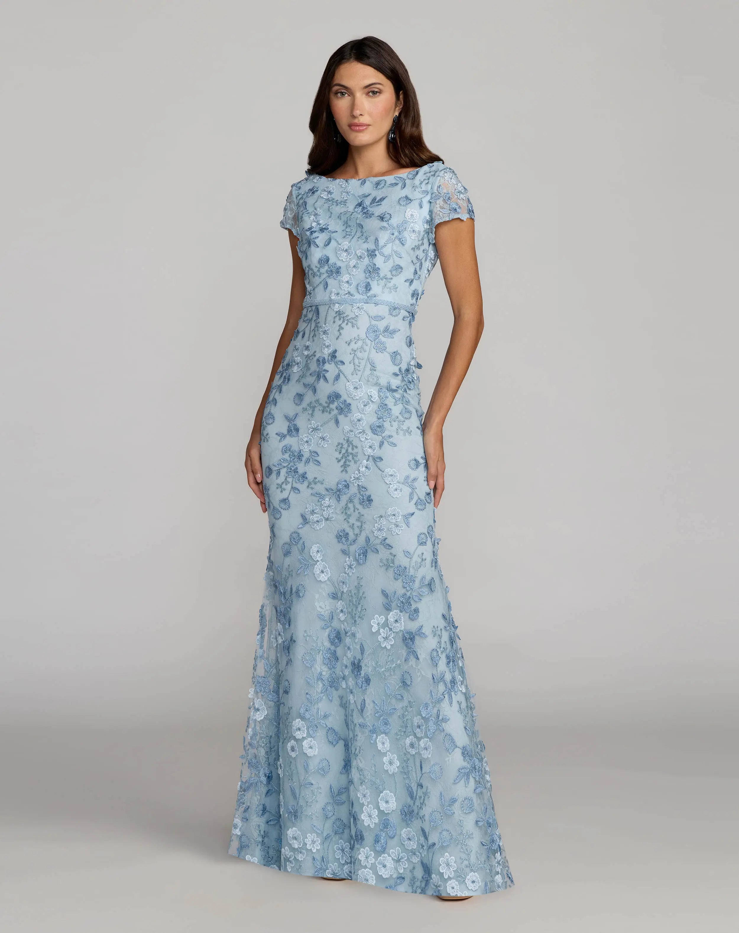 Blue Floral Applique Boat Neck Cap Sleeve Gown-Myartka
