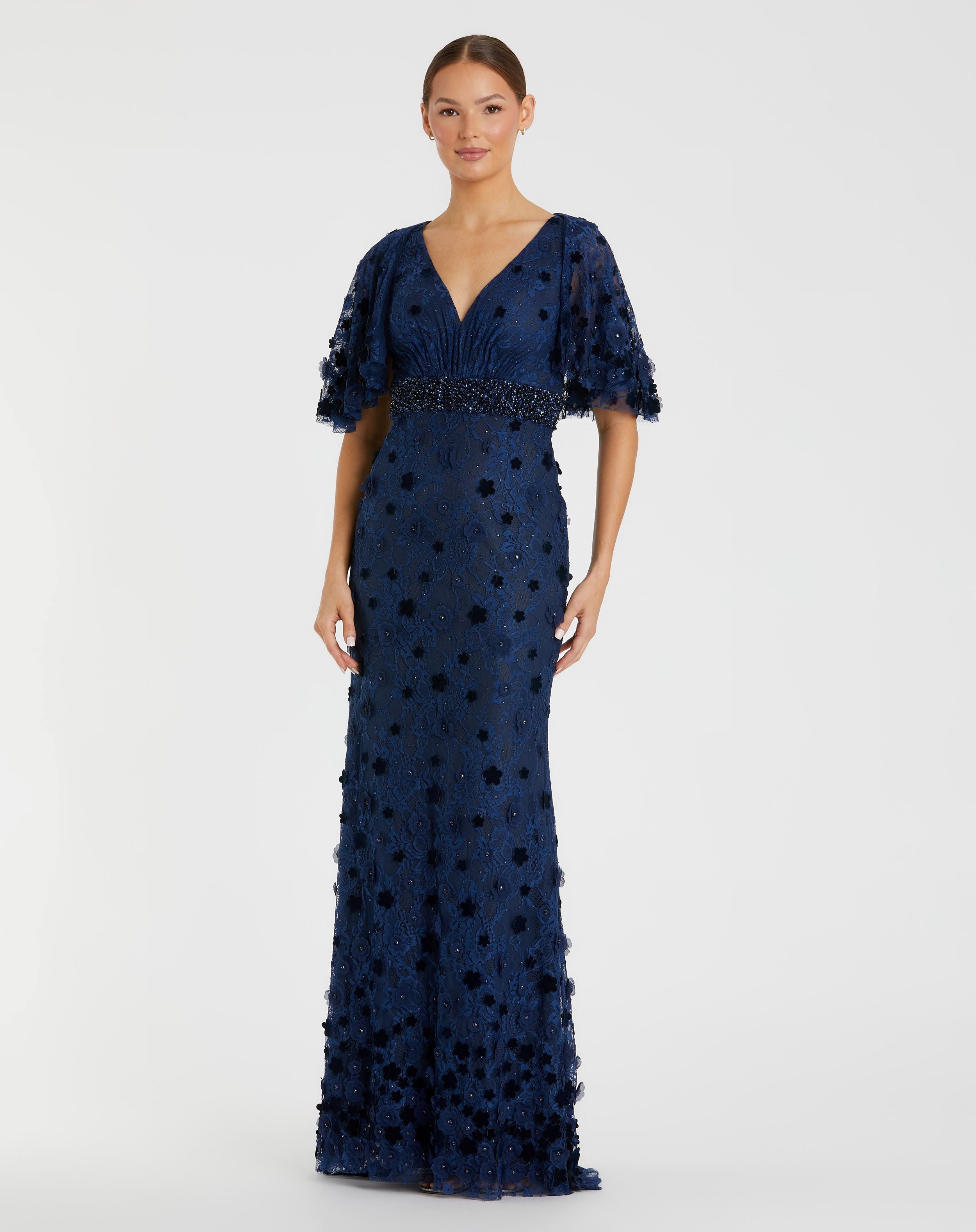 Navy Flutter Sleeve Embellished Lace Gown-Myartka