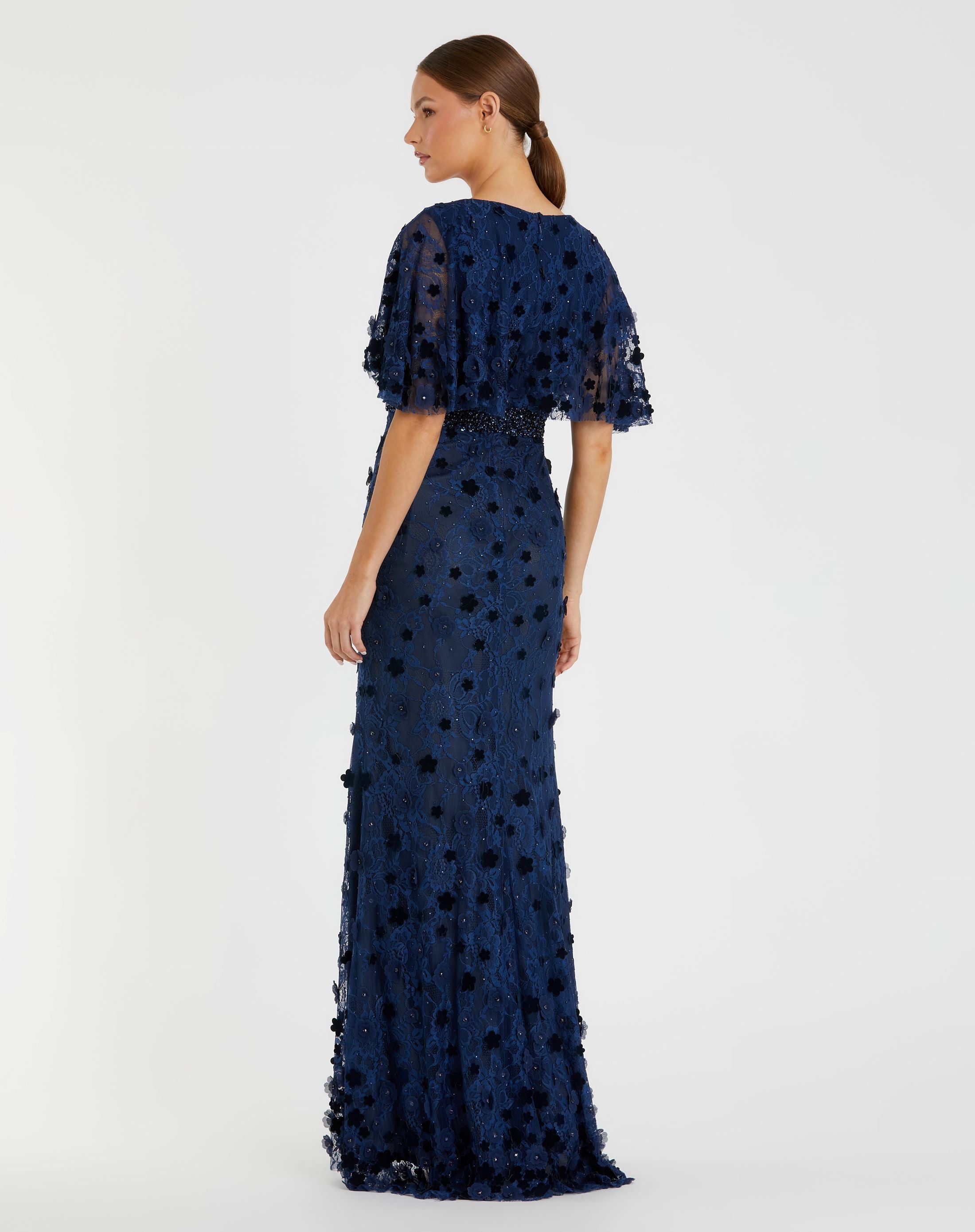 Navy Flutter Sleeve Embellished Lace Gown-Myartka