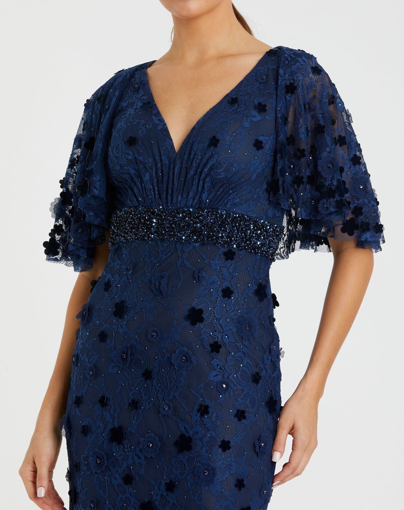Navy Flutter Sleeve Embellished Lace Gown-Myartka
