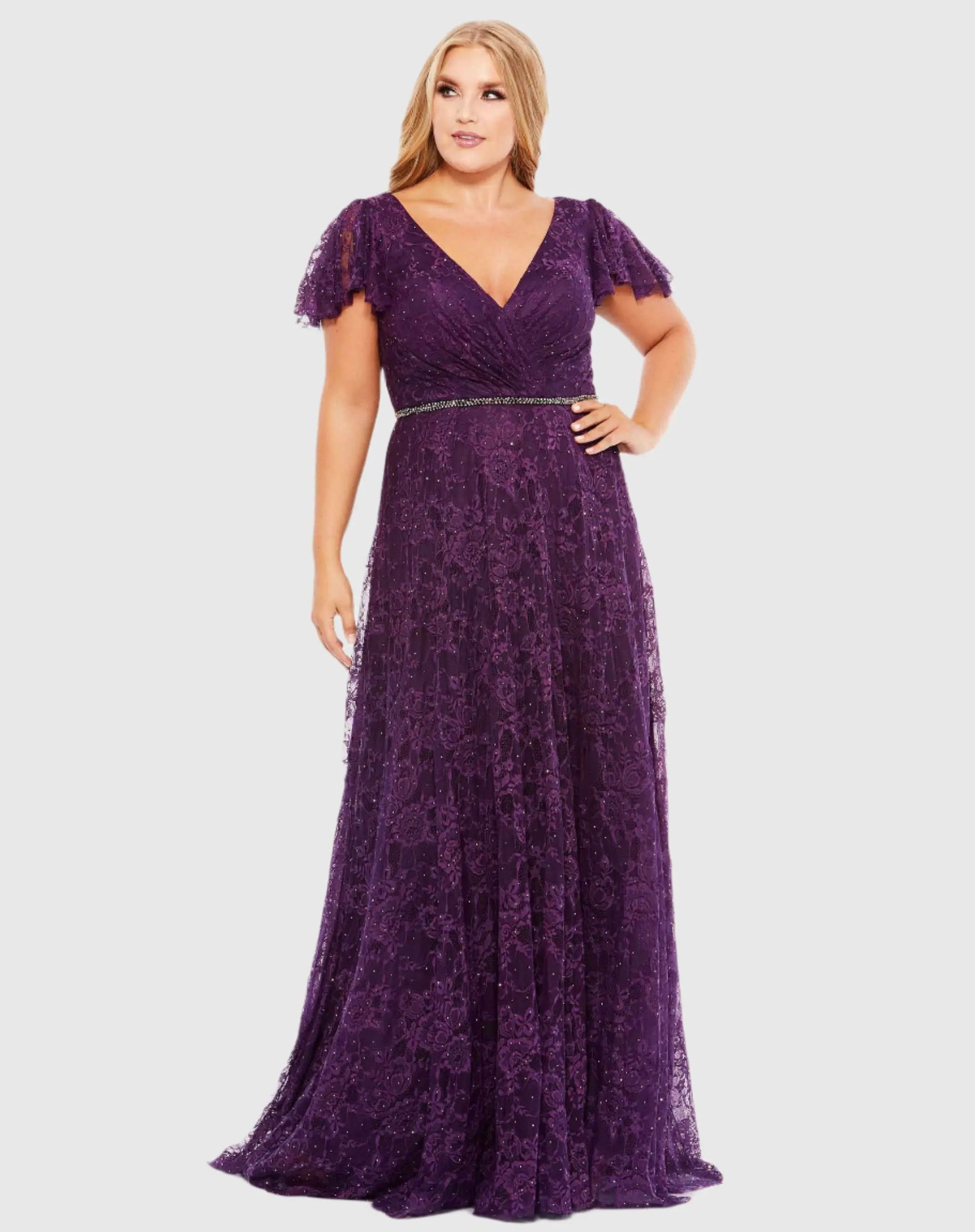 Purple Embellished Flutter Sleeve Evening Gown (Plus)-Myartka