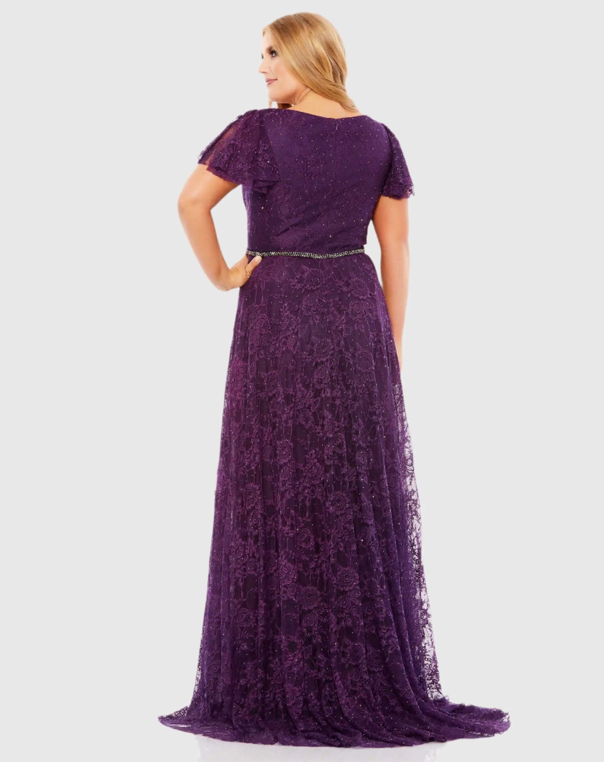 Purple Embellished Flutter Sleeve Evening Gown (Plus)-Myartka