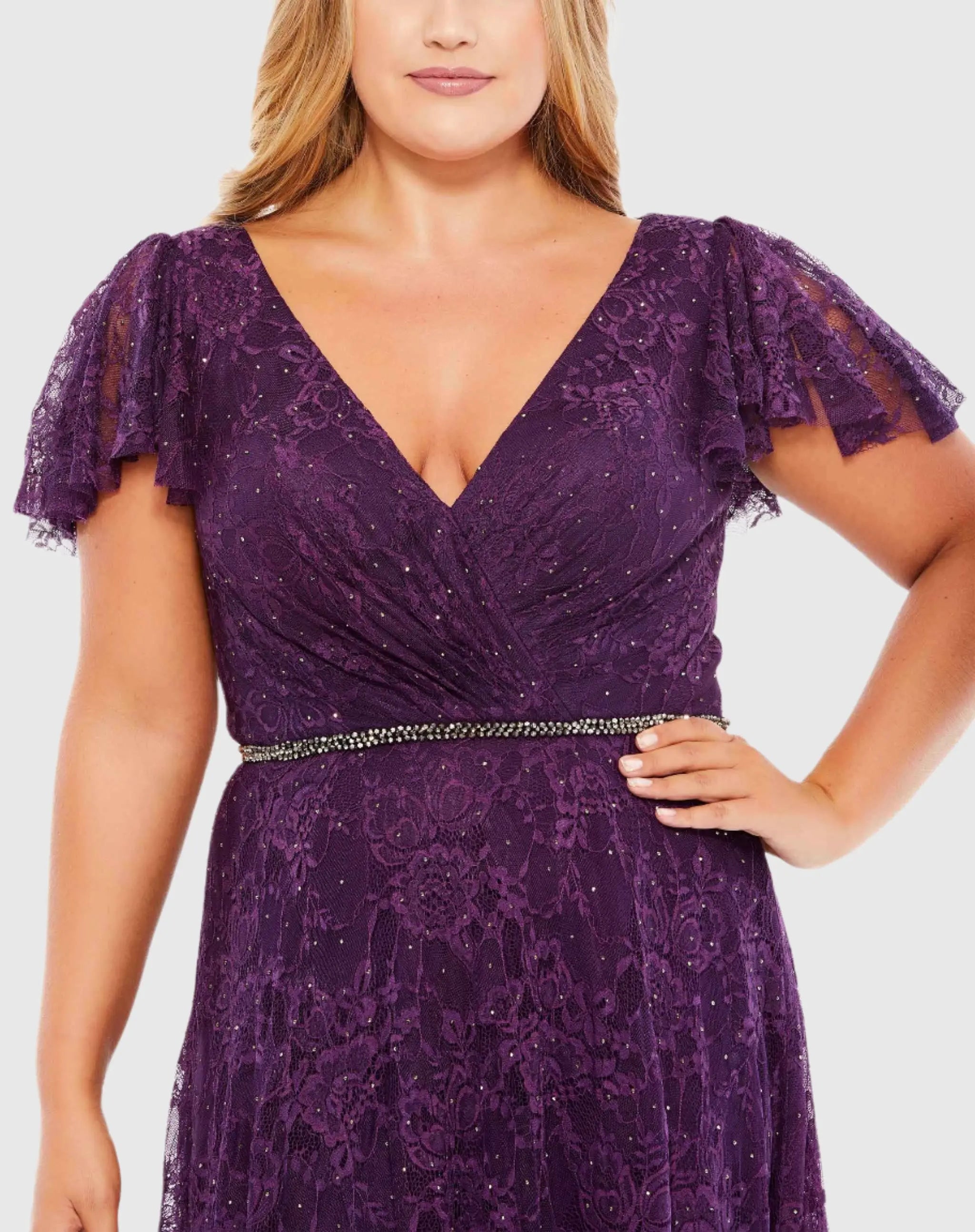 Purple Embellished Flutter Sleeve Evening Gown (Plus)-Myartka