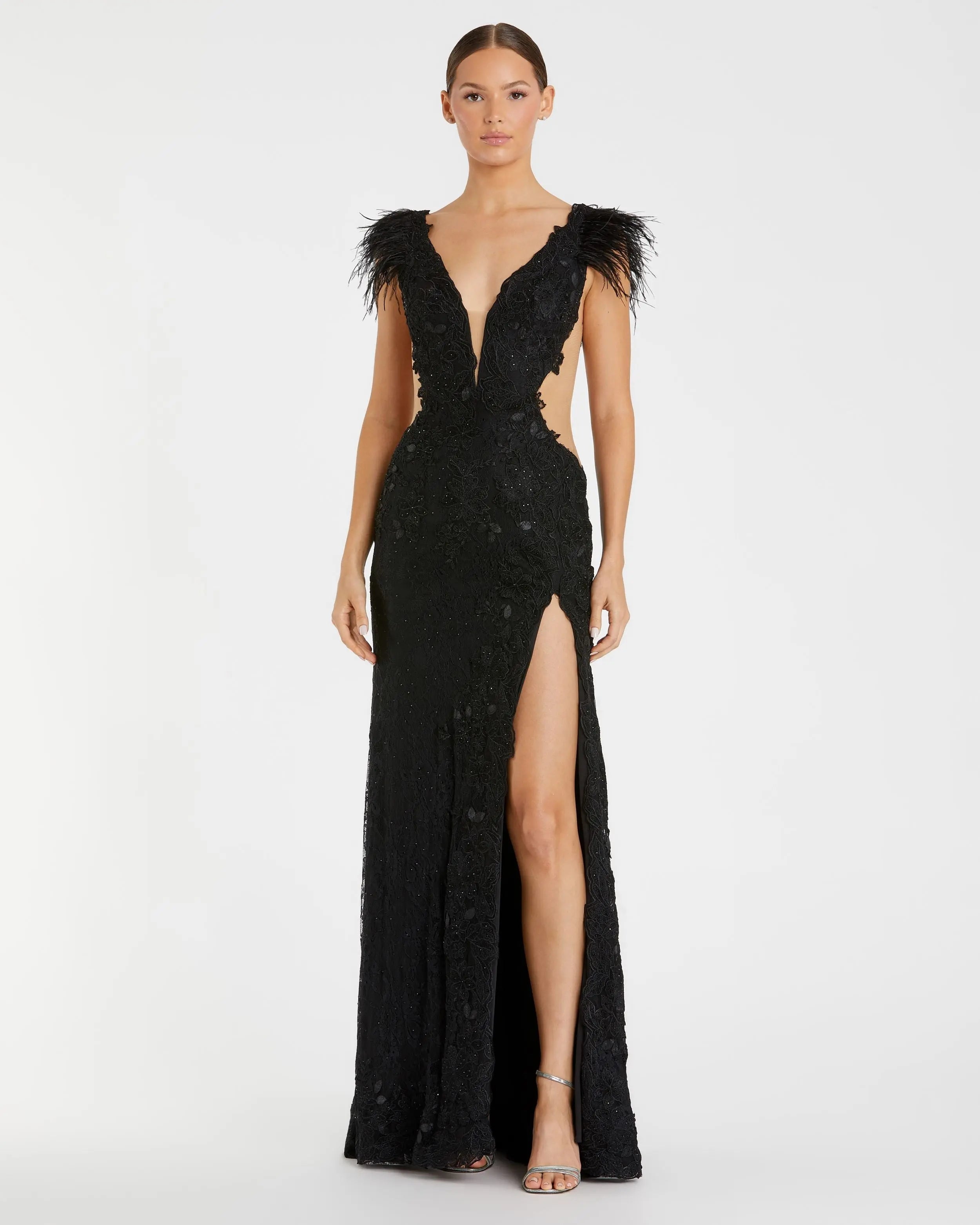 Black Feather Cap Sleeve Lace Gown-Myartka